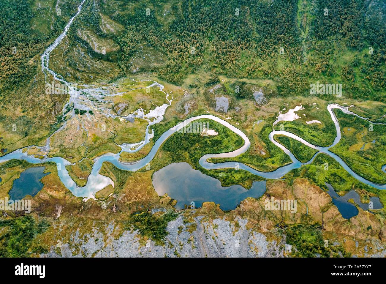Aerial view, meandering river landscape in the Rapa Valley near Kebnekaise, Sarek National Park, Norrbottens lan, Sweden Stock Photo