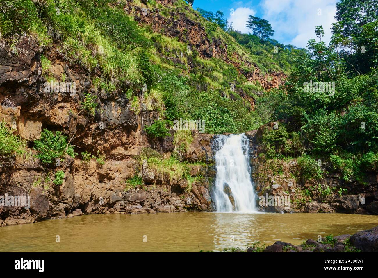Waimea Falls in the Waimea Valley, Hawaiian Island Oahu, O'ahu, Hawaii, Aloha State, USA Stock Photo