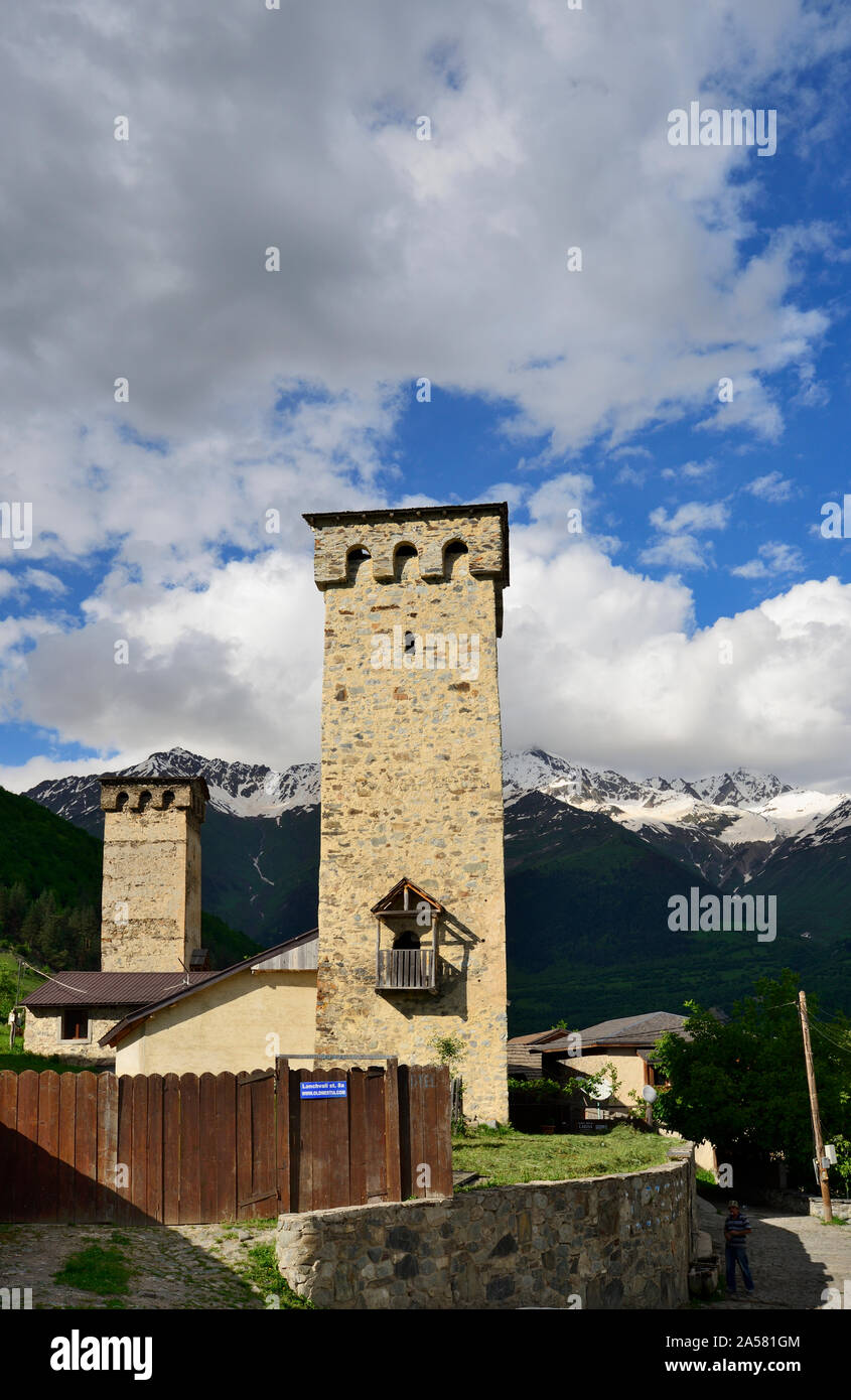 Medieval defensive towers at the mountain village of Mestia. A UNESCO World Heritage Site. Upper Svanetia, Georgia. Caucasus Stock Photo