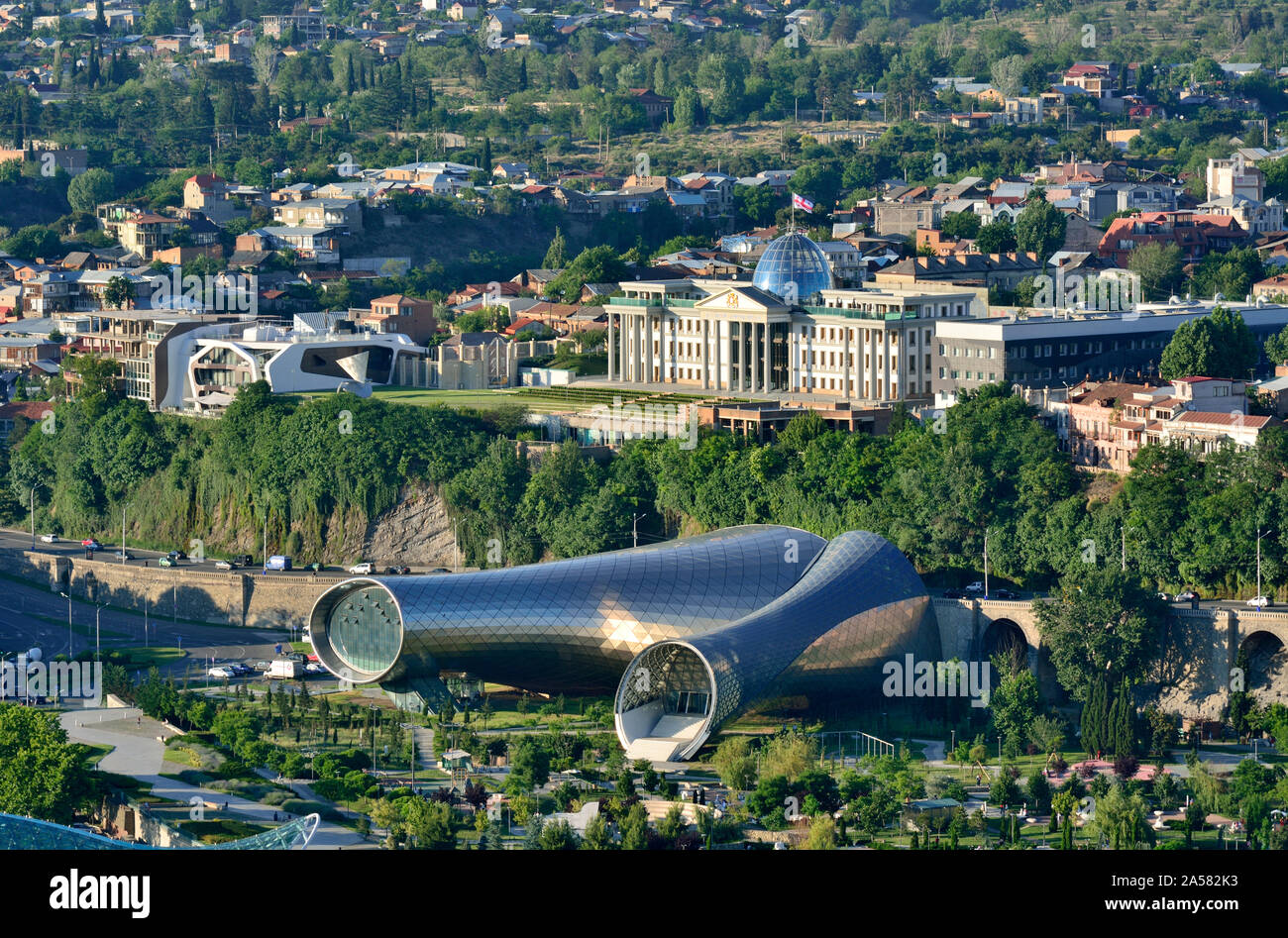 The Rike Park Music Theatre and Exhibition Hall and the Presidential Palace. Tbilisi, Georgia. Caucasus Stock Photo