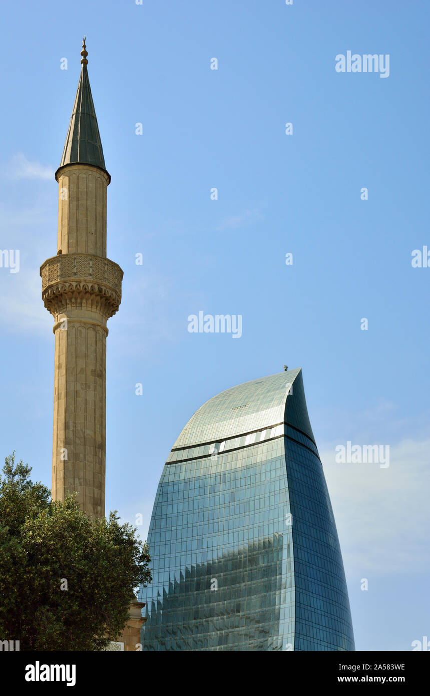 Sahidlar Xiyabani Mosque and the Flame Towers. Baku, Azerbaijan Stock Photo