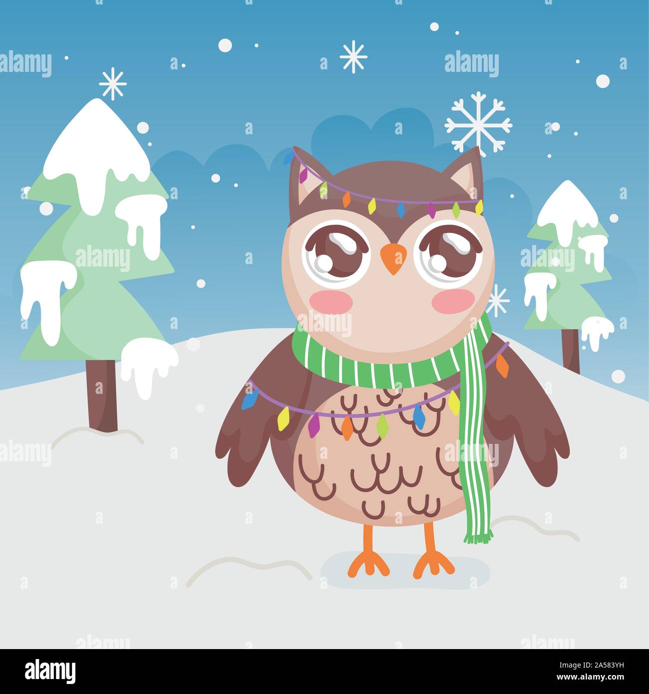 cute owl lights trees snow merry christmas vector illustration Stock ...