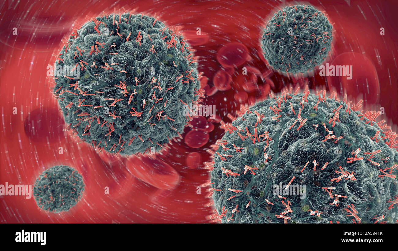 Antibodies attacking virus particles, illustration Stock Photo