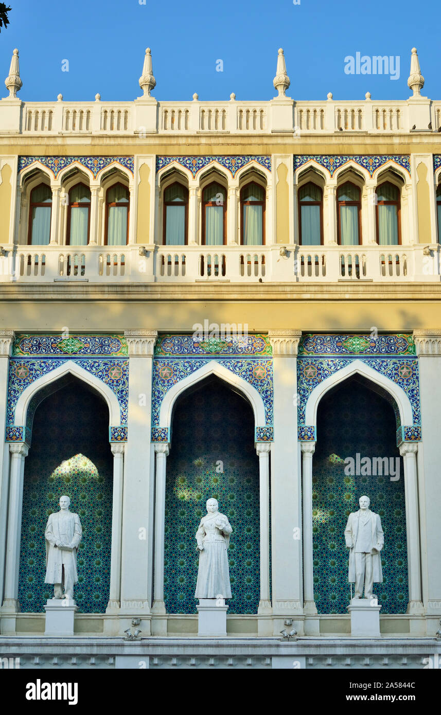 The Nizami Museum of Azerbaijani Literature in Baku, named after the great romantic epic poet Nizami Ganjavi. The statues are of famous Azerbaijani wr Stock Photo