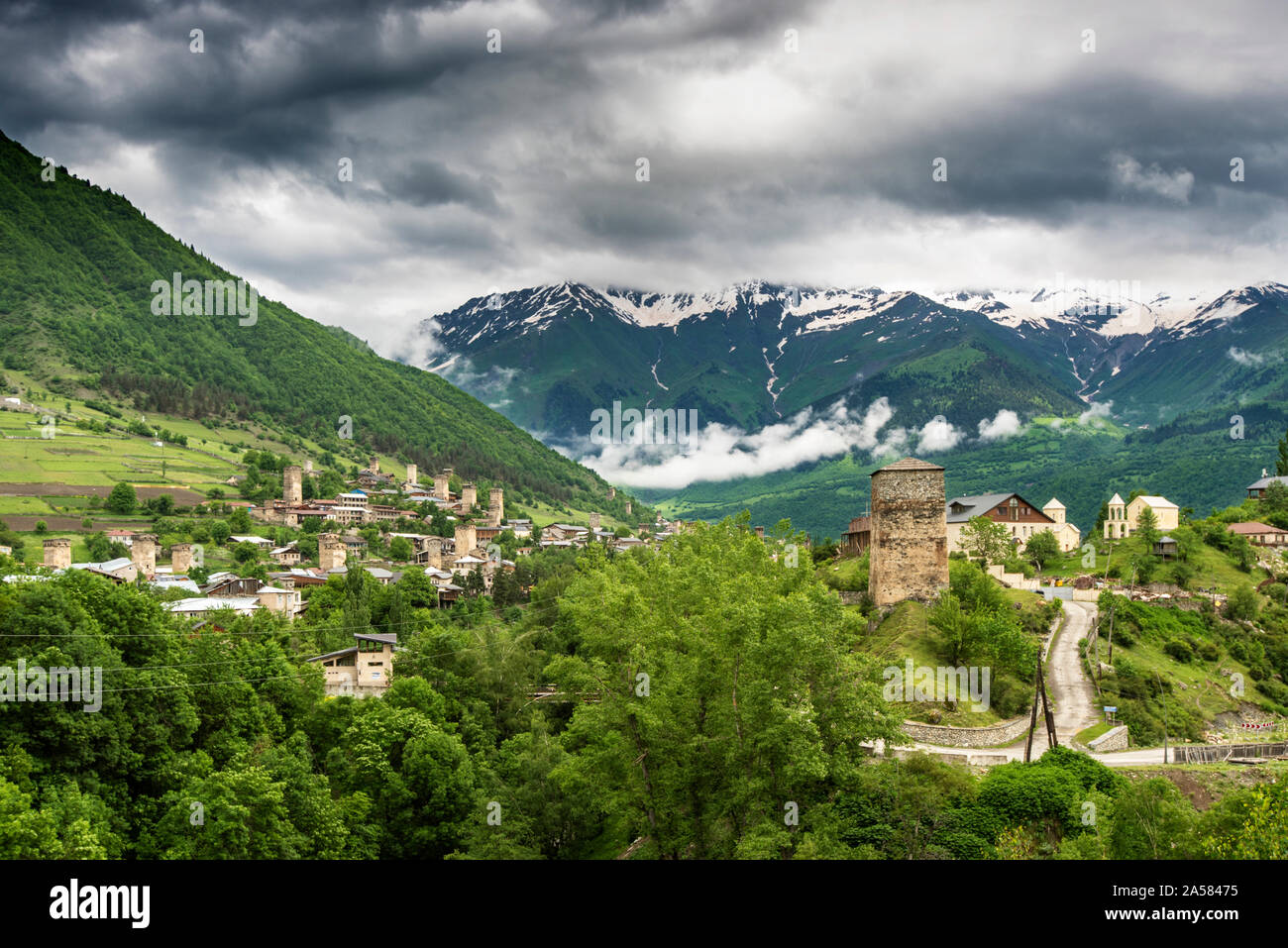 Medieval defensive towers at the mountain village of Mestia. A UNESCO World Heritage Site. Upper Svanetia, Georgia. Caucasus Stock Photo