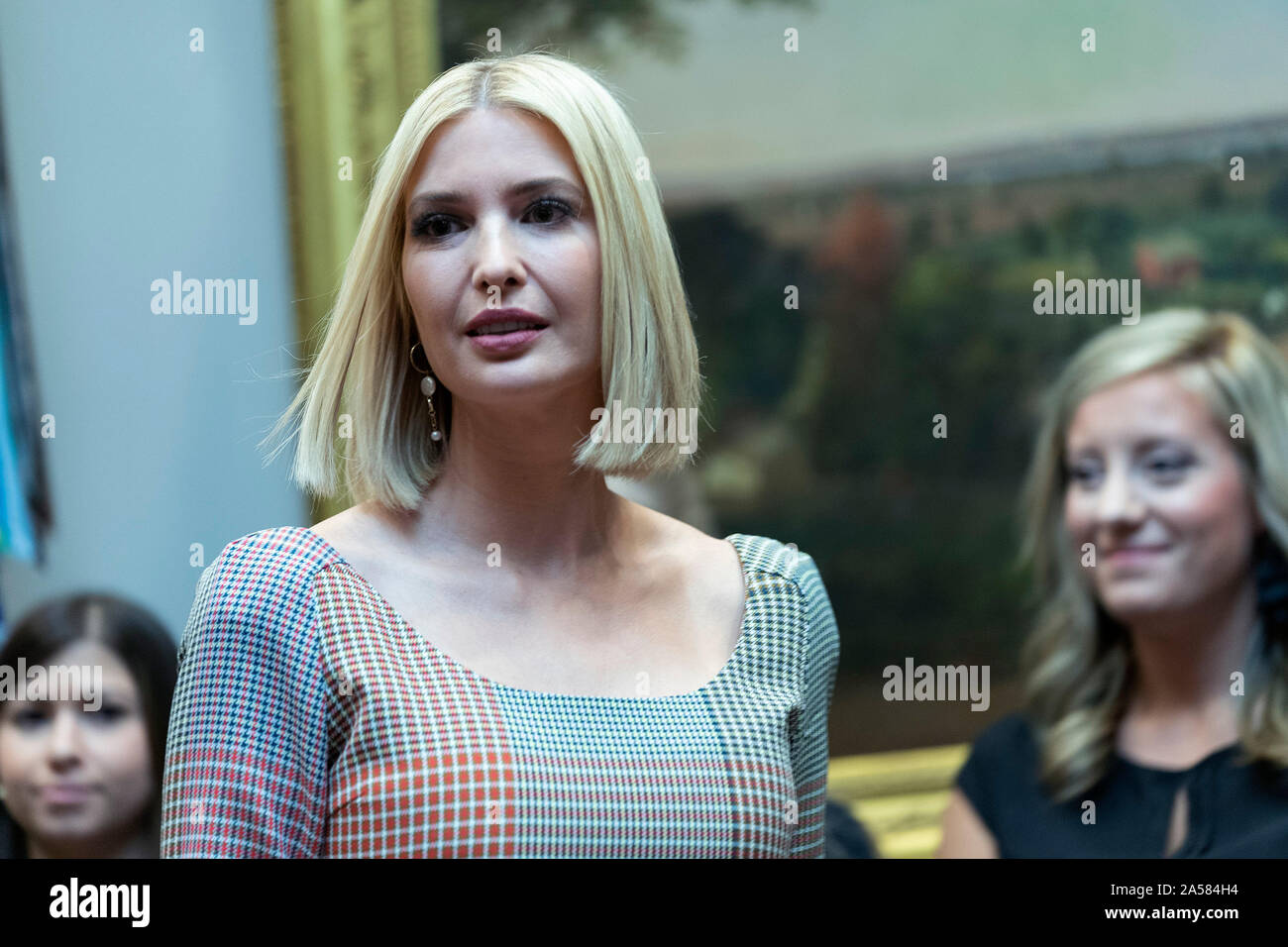 First Daughter and Advisor to the President Ivanka Trump attends a congratulatory call to NASA astronauts Jessica Meir and Christina Koch at the White House in Washington, DC after they conducted the first all-female spacewalk outside of the International Space Station on Friday, October 18, 2019. Credit: Chris Kleponis/Pool via CNP | usage worldwide Stock Photo