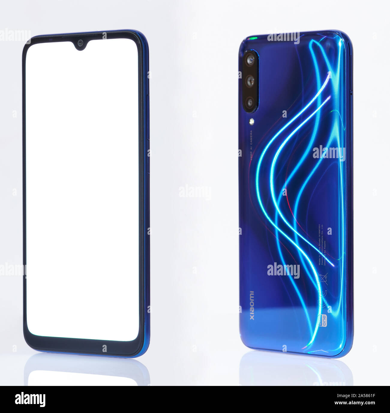 New york, USA - september 28, 2019: isometric views of Xiaomi A3 smartphone isolated on white background Stock Photo