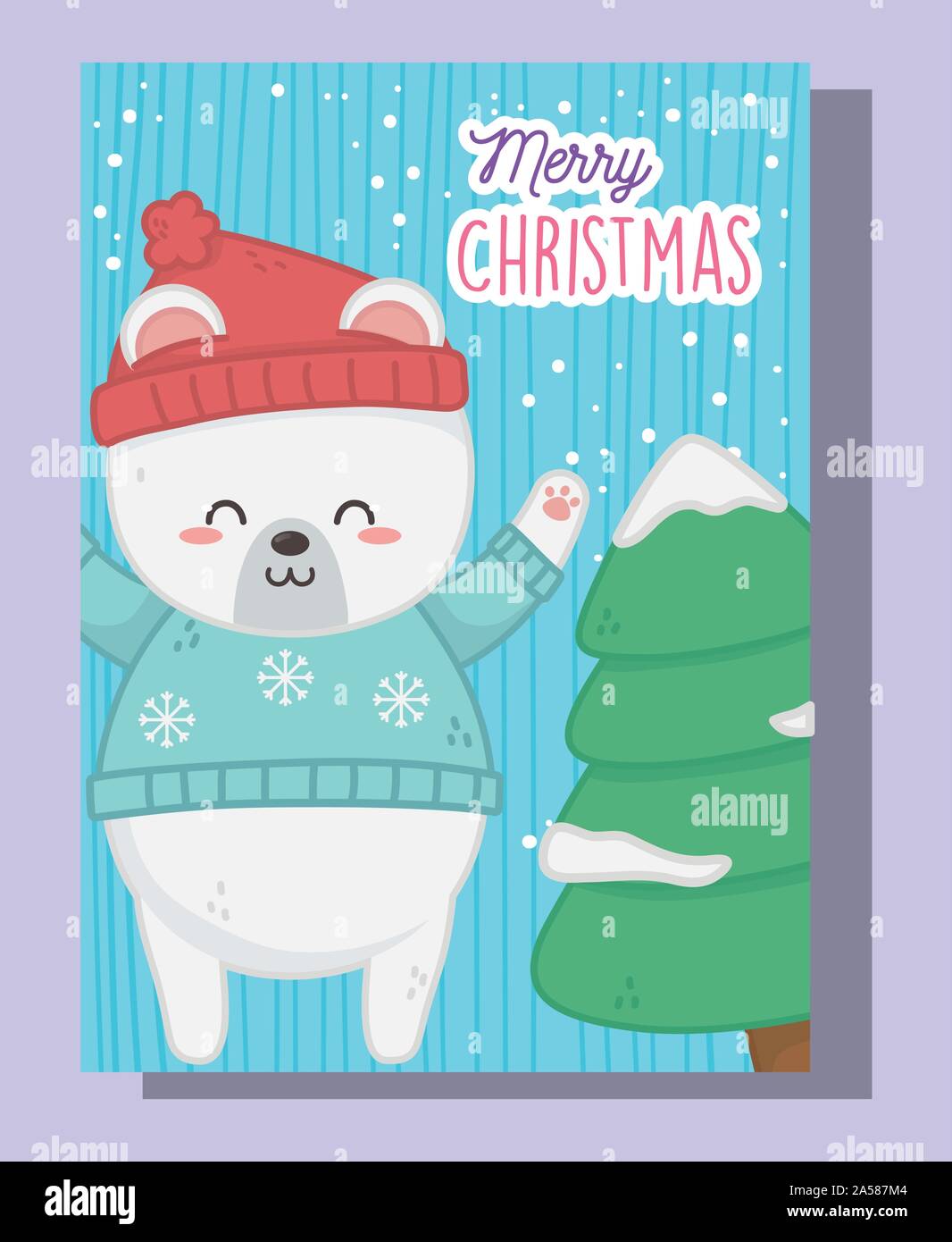 cute polar bear and tree with snow cute merry christmas vector ...