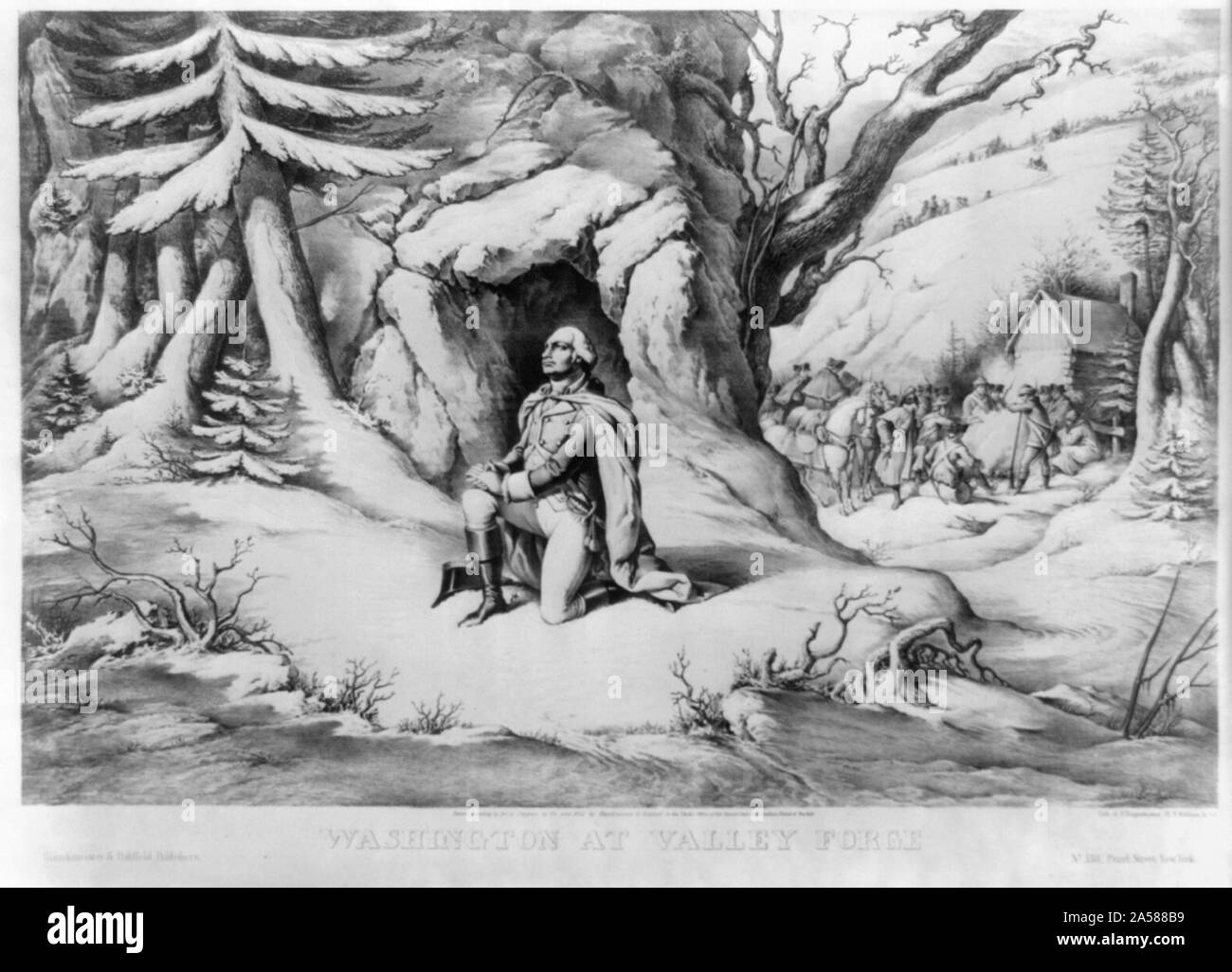 Washington at Valley Forge Abstract: Print shows General George Washington praying in the snow at Valley Forge, Pennsylvania. In the background are Washington's soldiers and officers Stock Photo