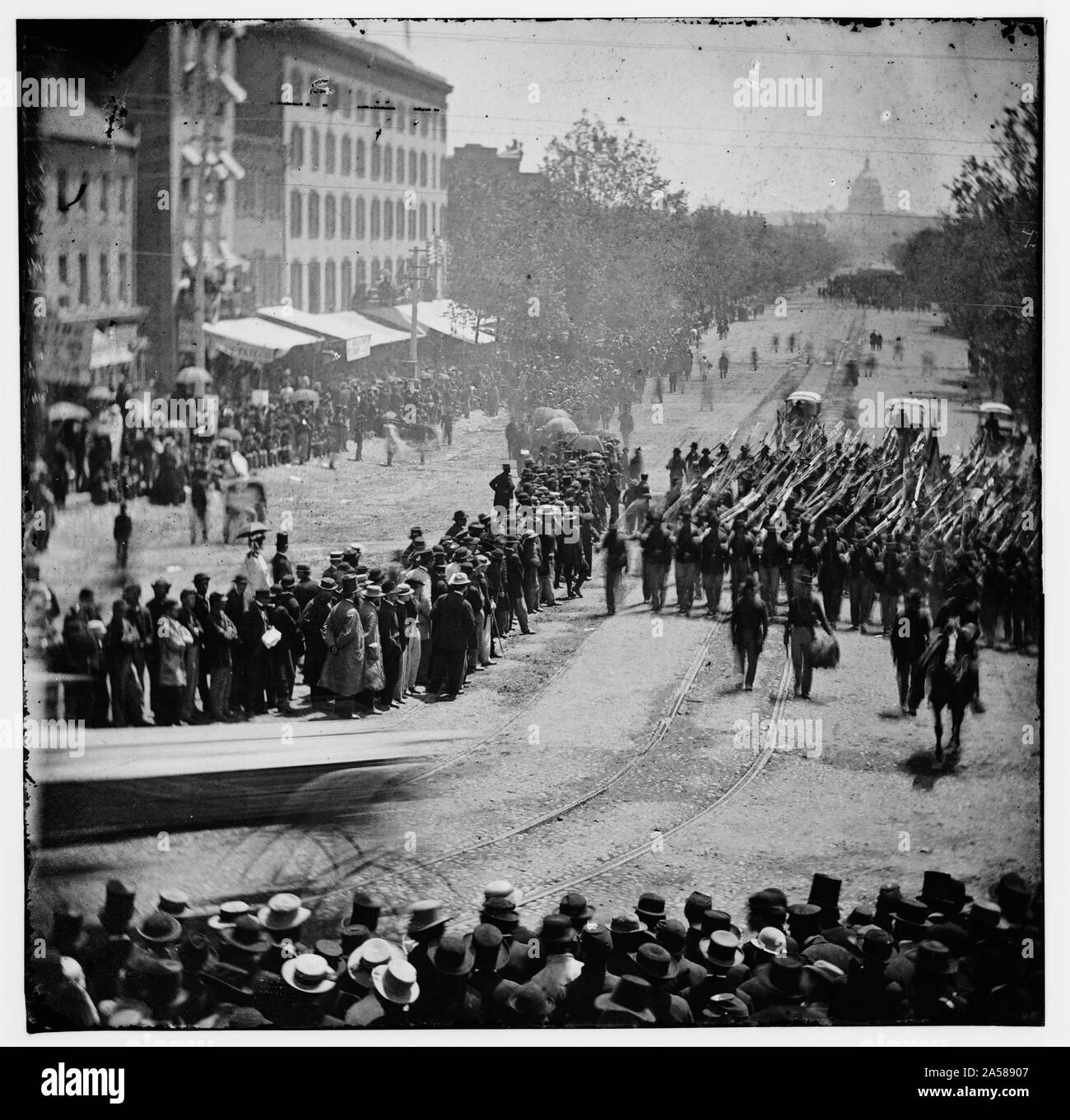 Washington, D.C. Infantry unit with fixed bayonets followed by ambulances Stock Photo