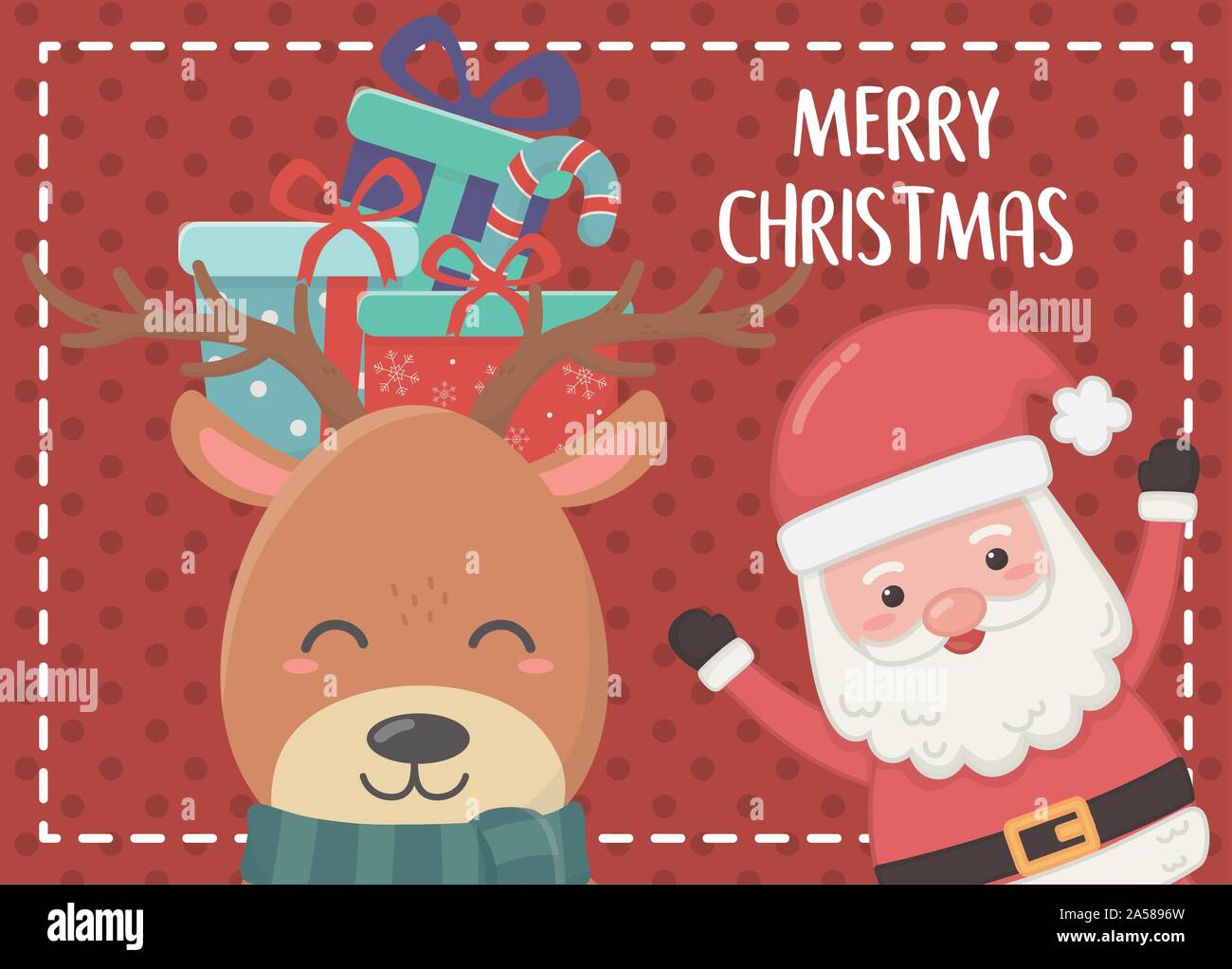 gifts in head deer and santa merry christmas card vector illustration ...