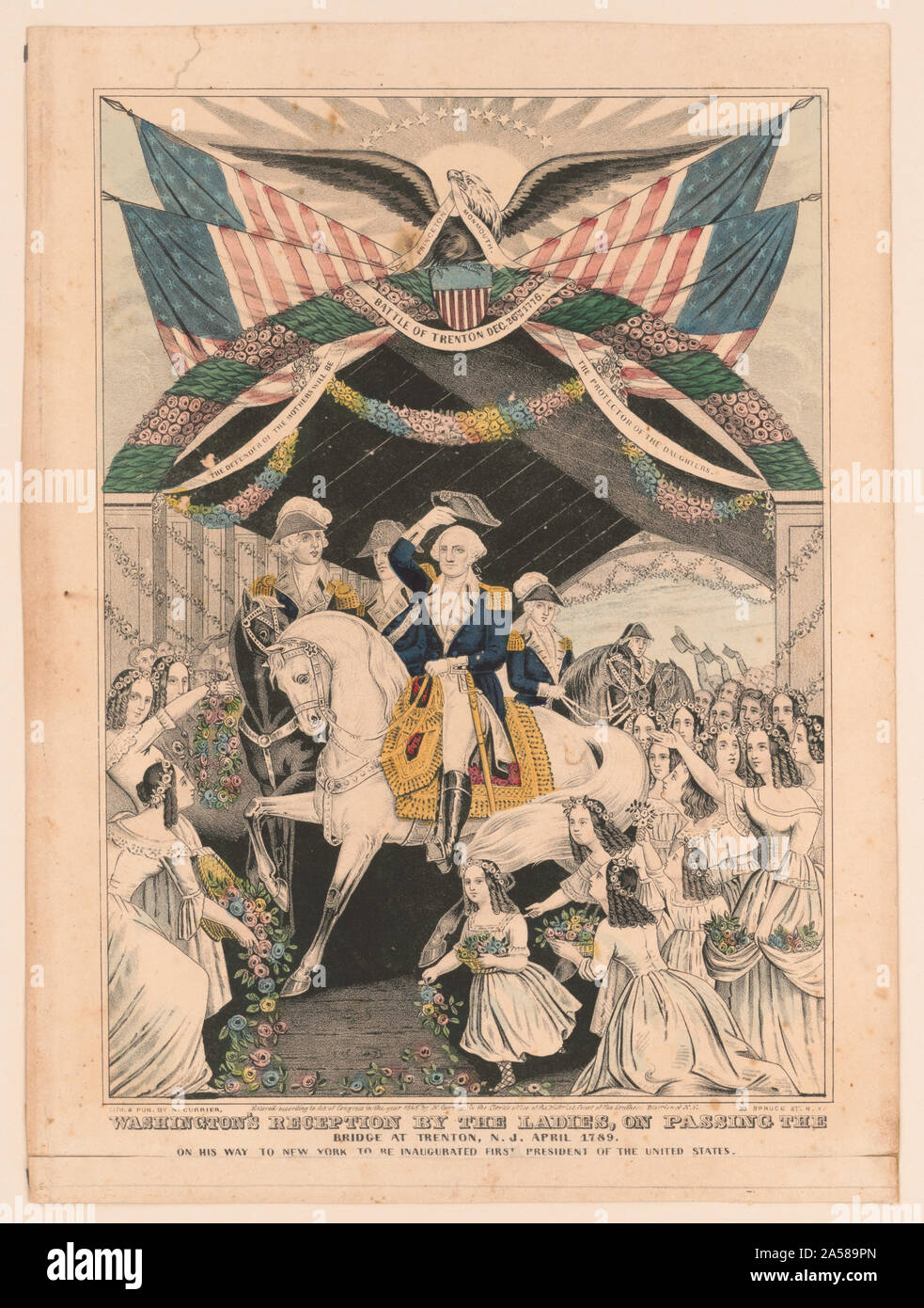 Washington's reception by the ladies, on passing the bridge at Trenton, N.J. April, 1789: on his way to New York to be inaugurated first President of the United States Stock Photo