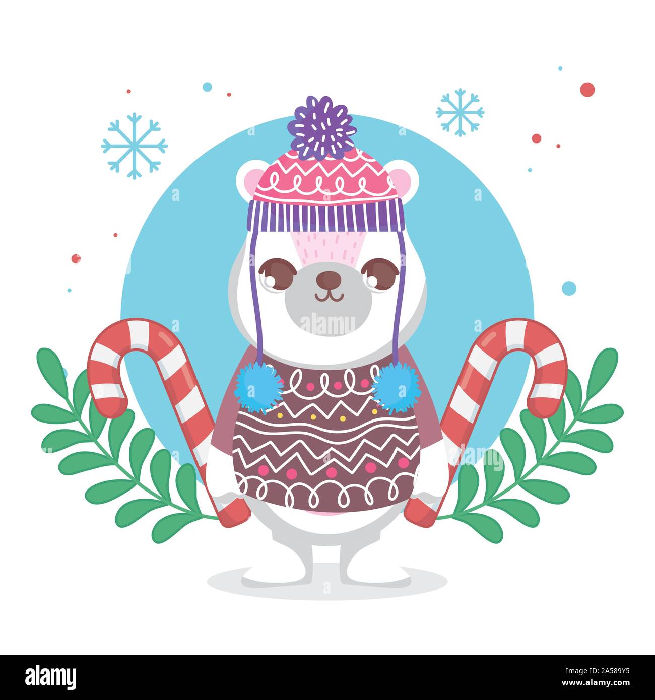 cute polar bear with hat and sweater candy canes leaves merry christmas ...