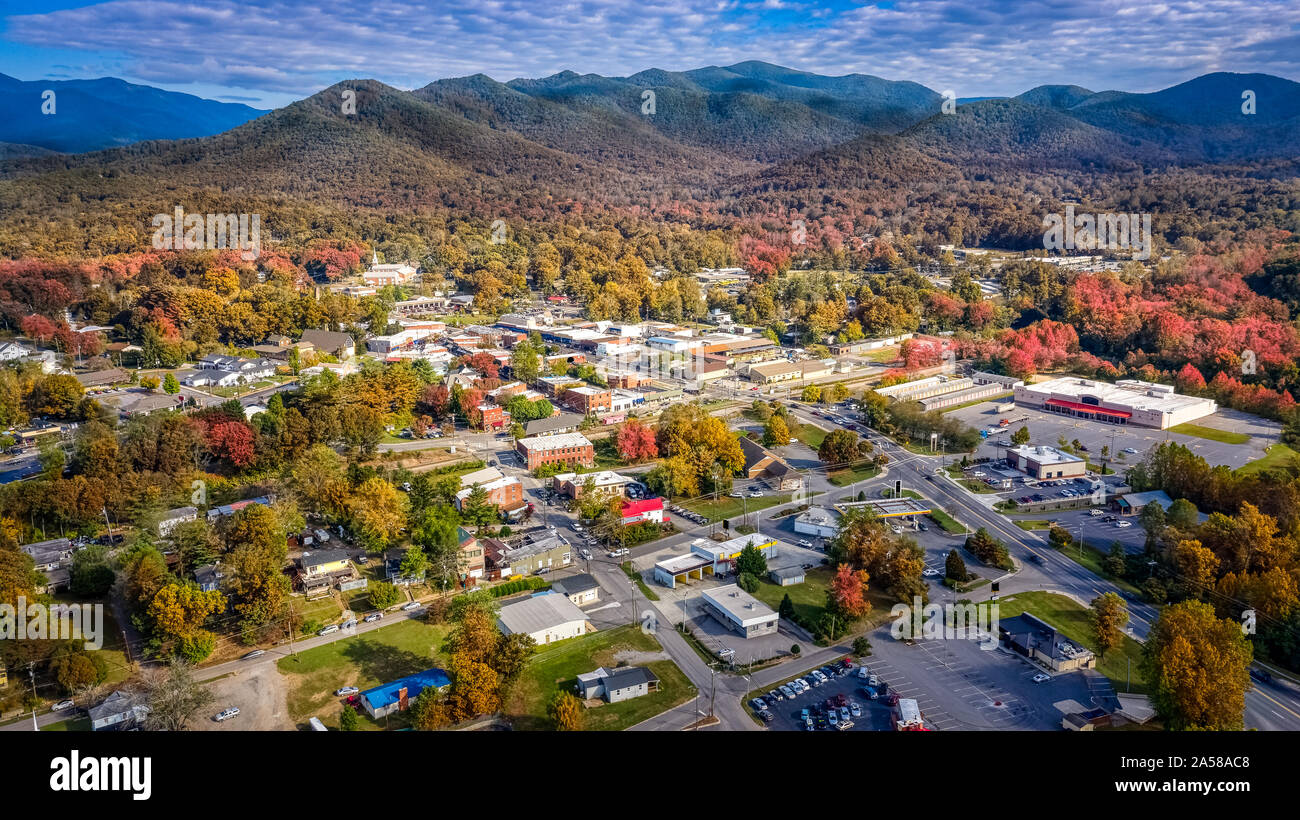 Aerial view picturesque Asheville neighborhood during the Fall with colors starting to show Stock Photo