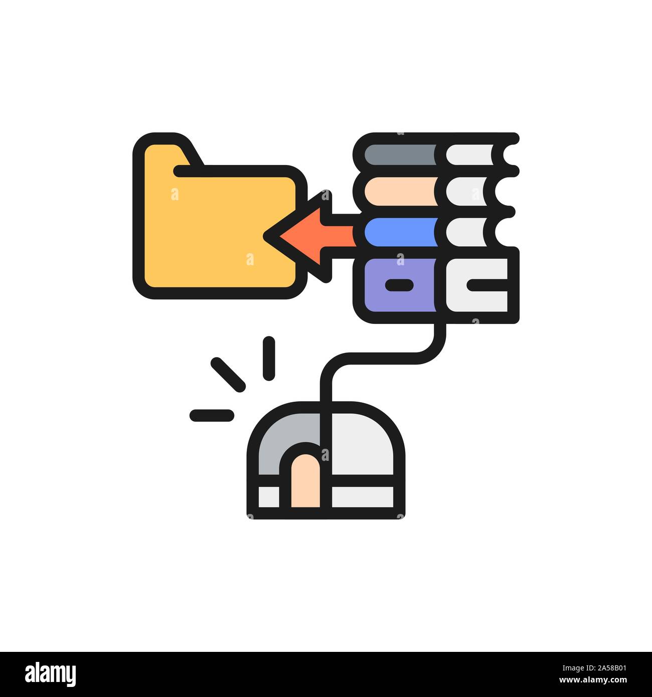 Computer mouse with e-book, online education, web library flat color line icon. Stock Vector