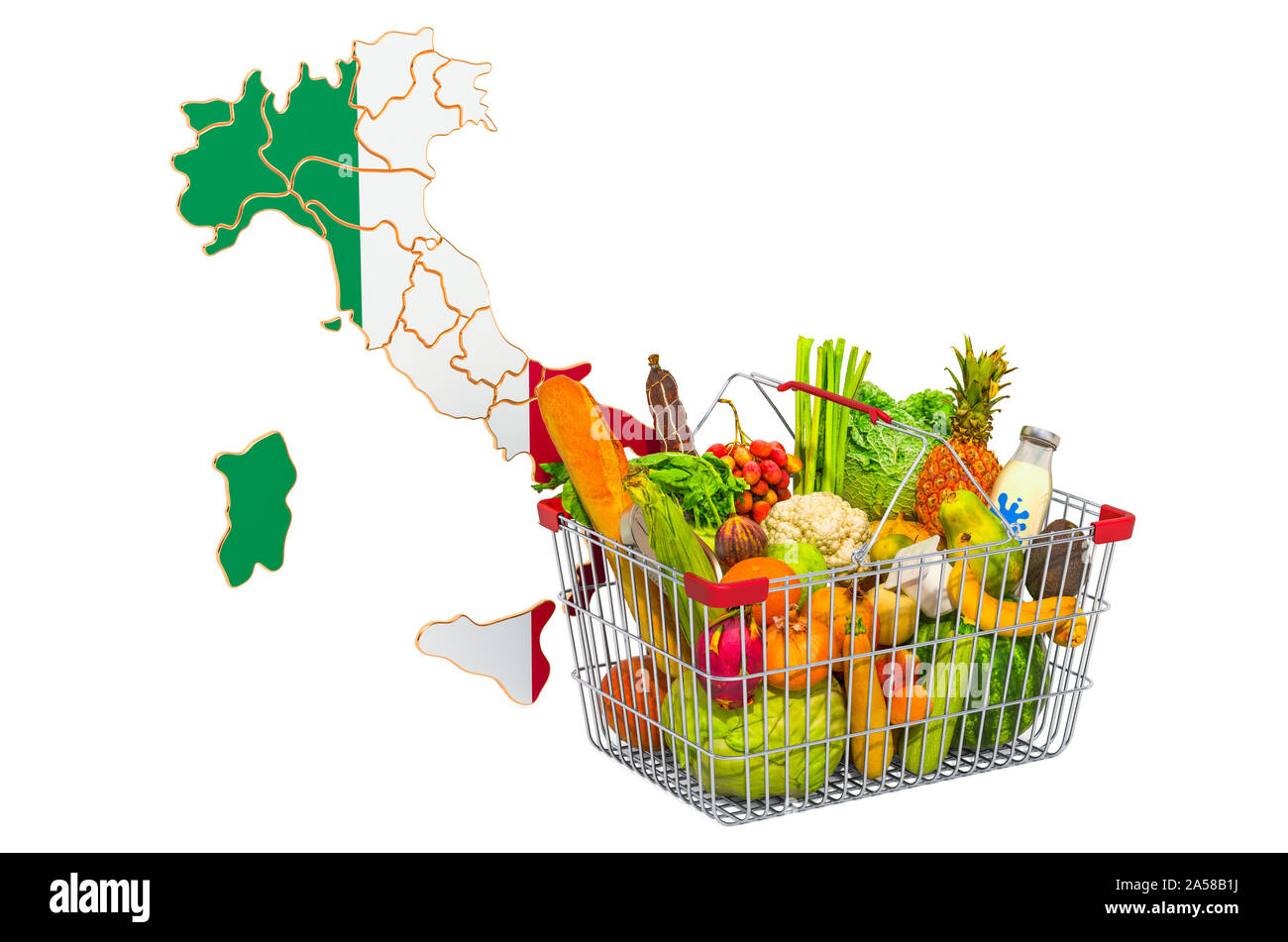 Purchasing power and market basket in Italy concept. Shopping basket with Italian map, 3D rendering isolated on white background Stock Photo