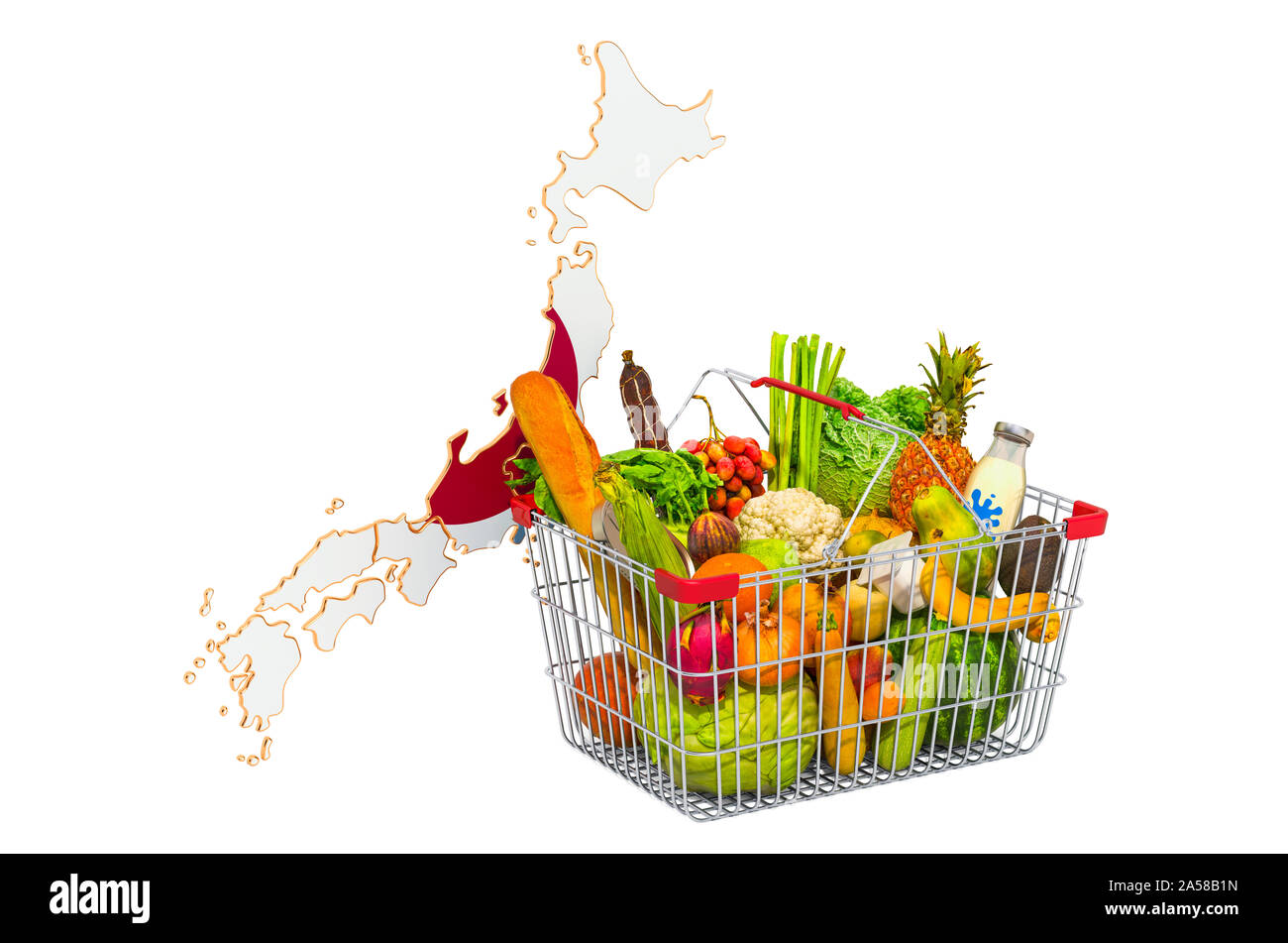 Purchasing power and market basket in Japan concept. Shopping basket with Japanese map, 3D rendering isolated on white background Stock Photo