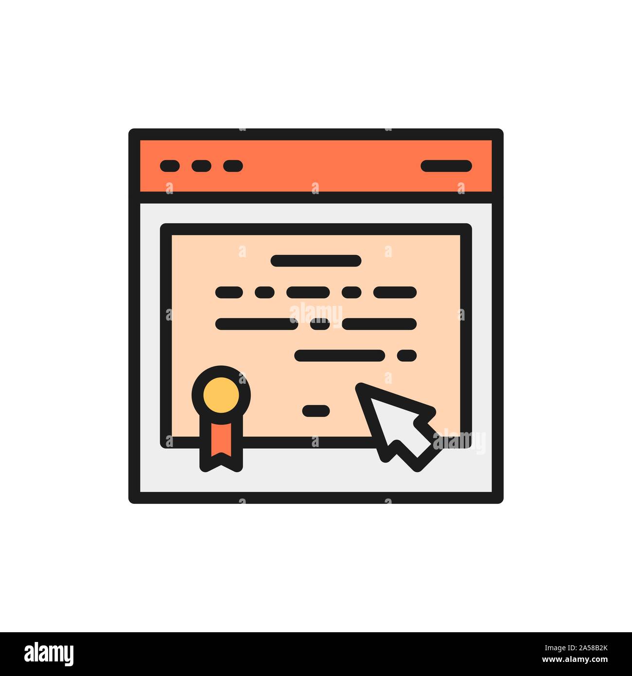 Online certificate, web diploma, e-learning flat color line icon. Stock Vector