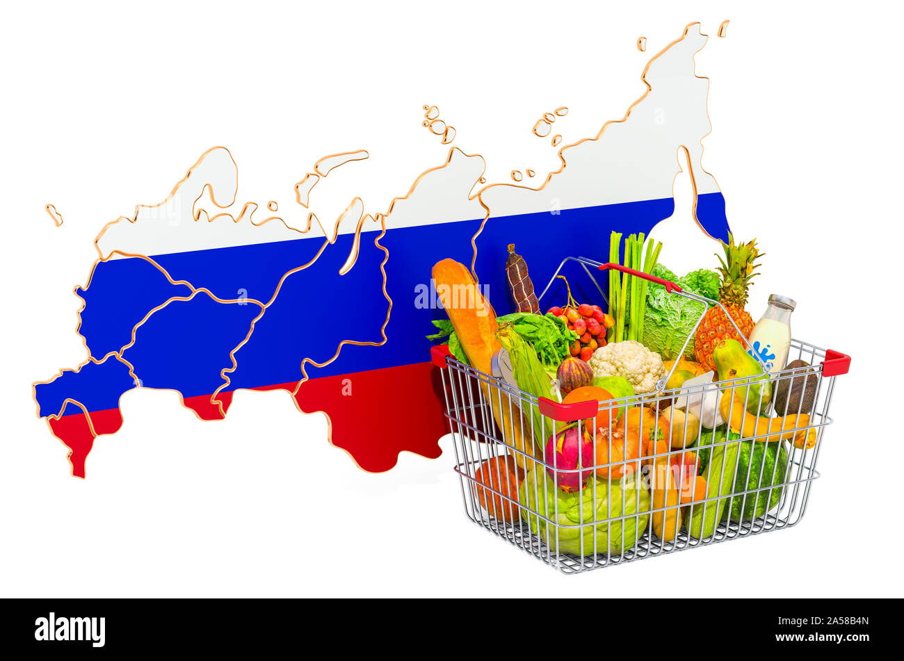 Purchasing power and market basket in Russia concept. Shopping basket