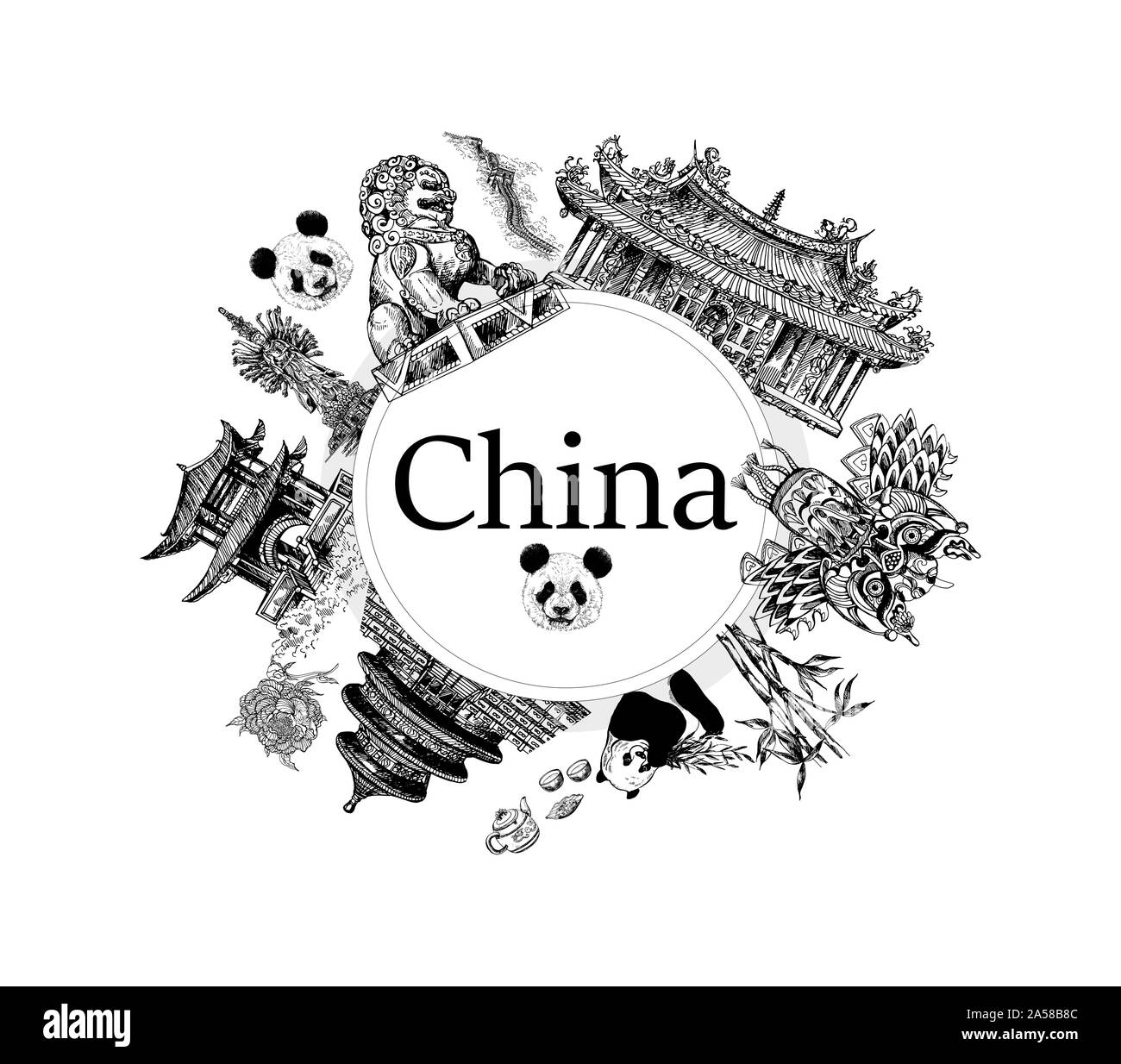 Poster card composition of China related objects isolated on white background. Vector illustration. Stock Vector