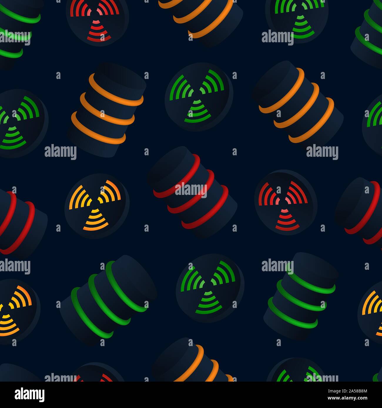 Trashcan containing radioactive waste vector seamless pattern with danger icon for any design. Stock Vector