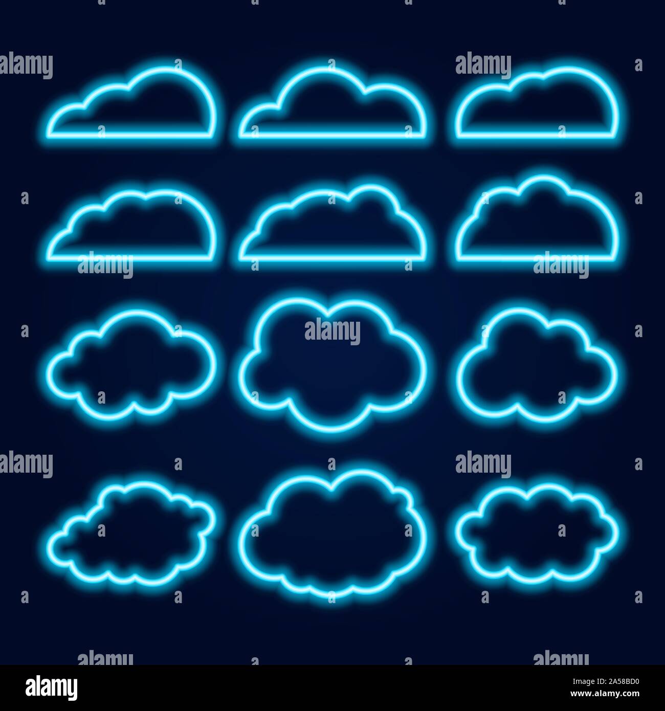 Vector Neon Cloud Icons Set, Glowing Bright Blue Lines on Dark Background. Stock Vector