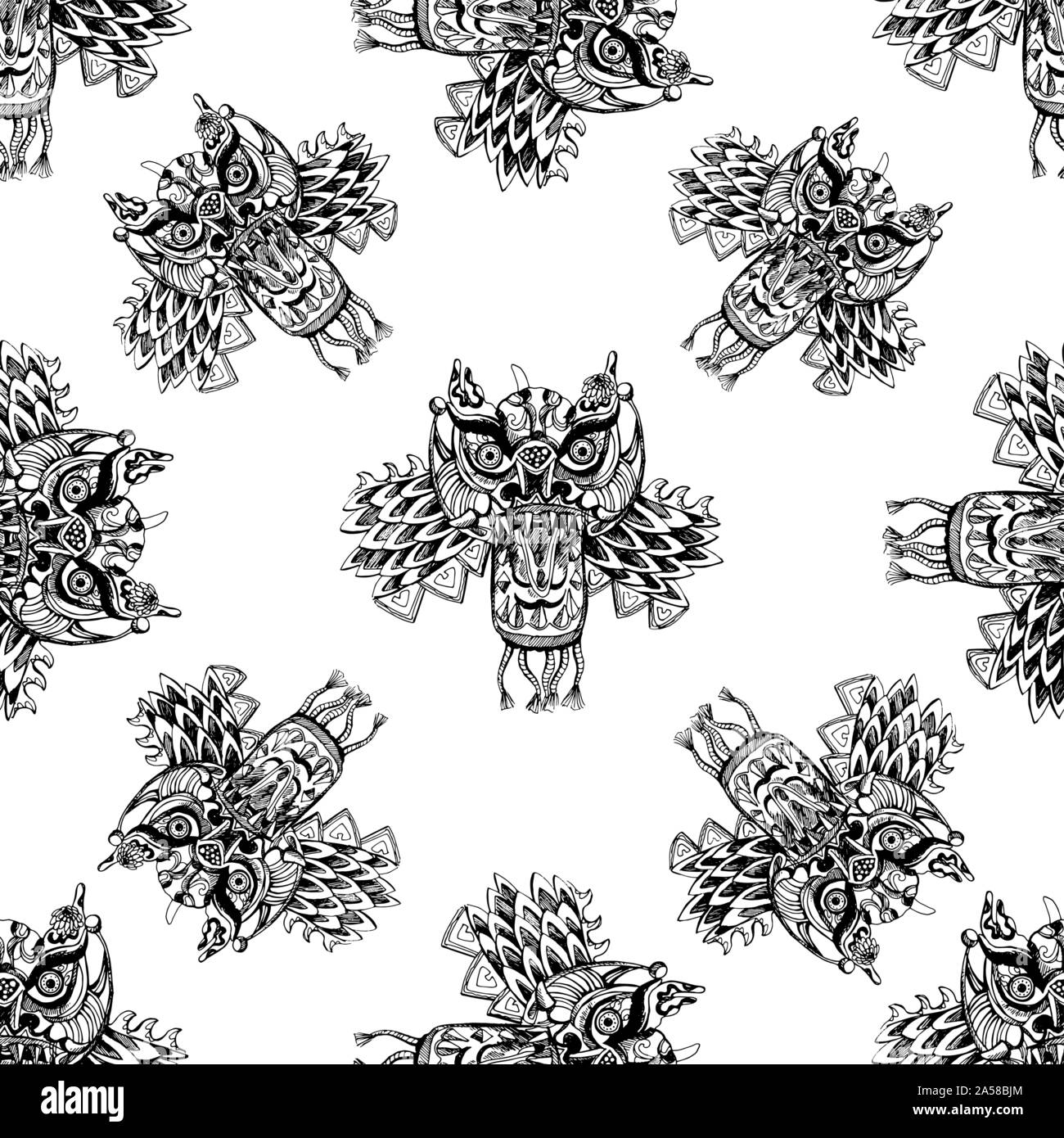 Seamless pattern of hand drawn sketch style Chinese dragon masks isolated on white background. Vector illustration. Stock Vector