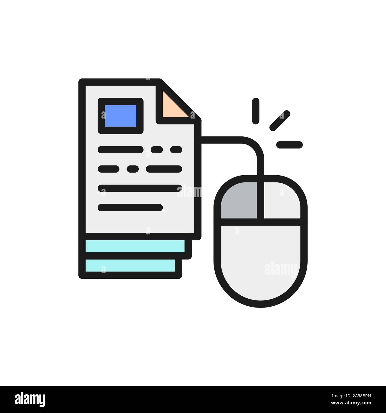 Computer mouse with pages, web library flat color line icon. Stock Vector