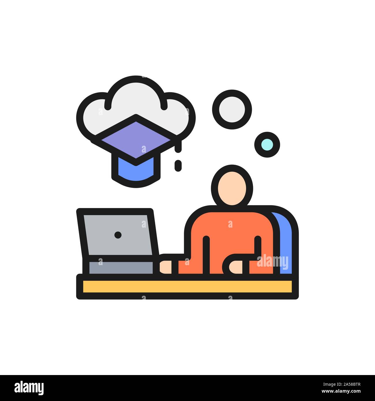 Online training at home, web education, learning courses flat color line icon. Stock Vector