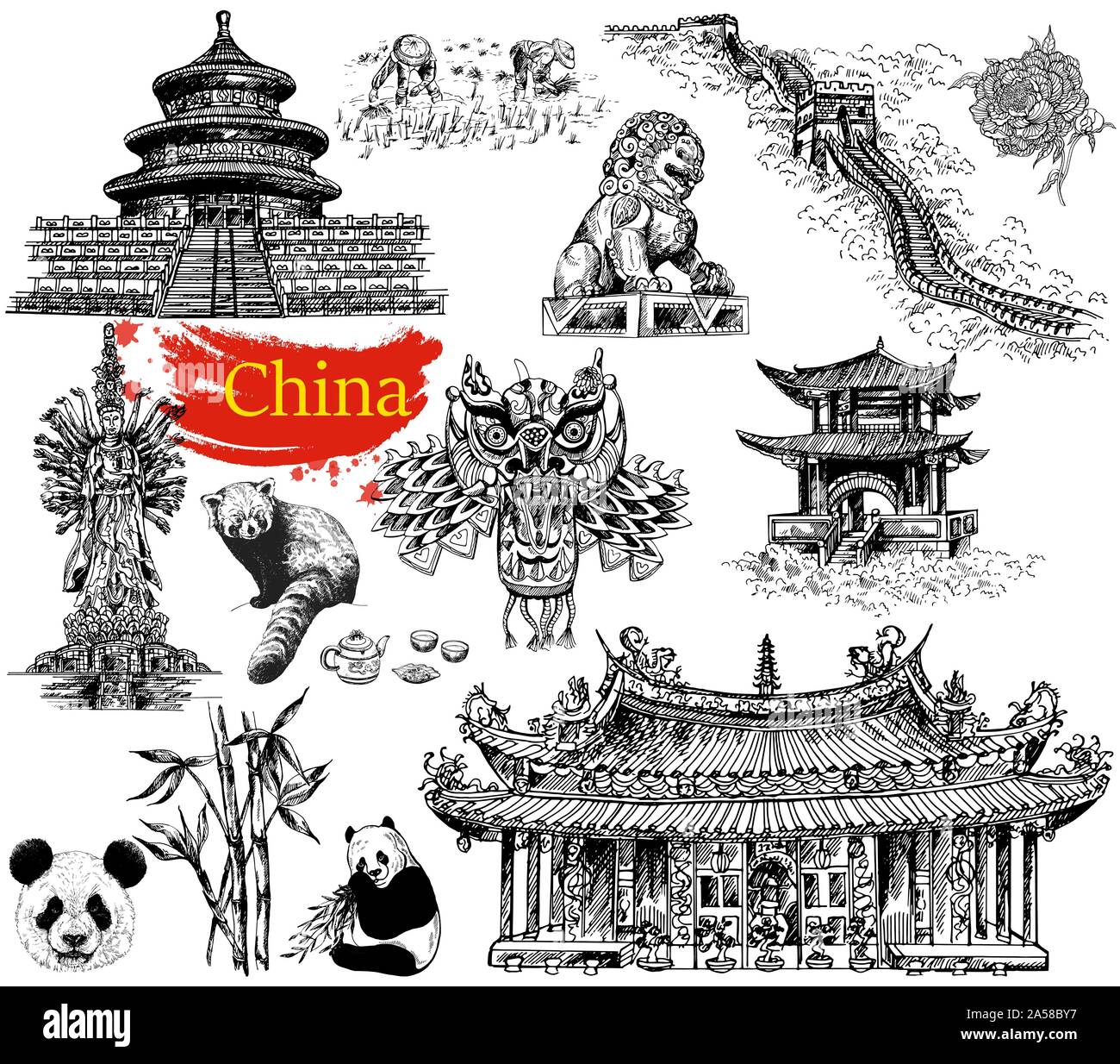 Set of hand drawn sketch style China related objects isolated on white background. Vector Illustration. Stock Vector
