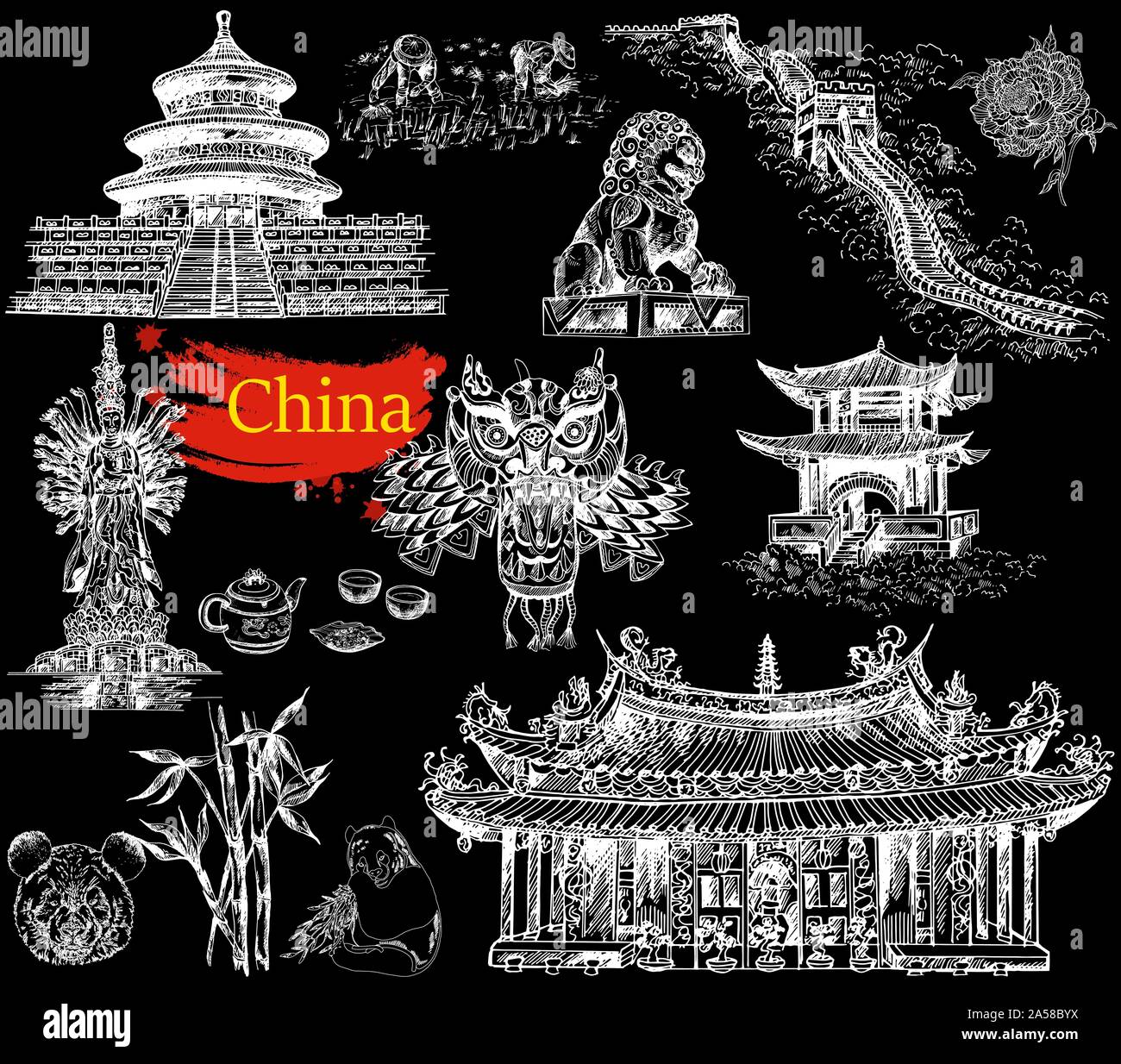 Set of hand drawn sketch style China related objects isolated on black background. Vector Illustration. Stock Vector
