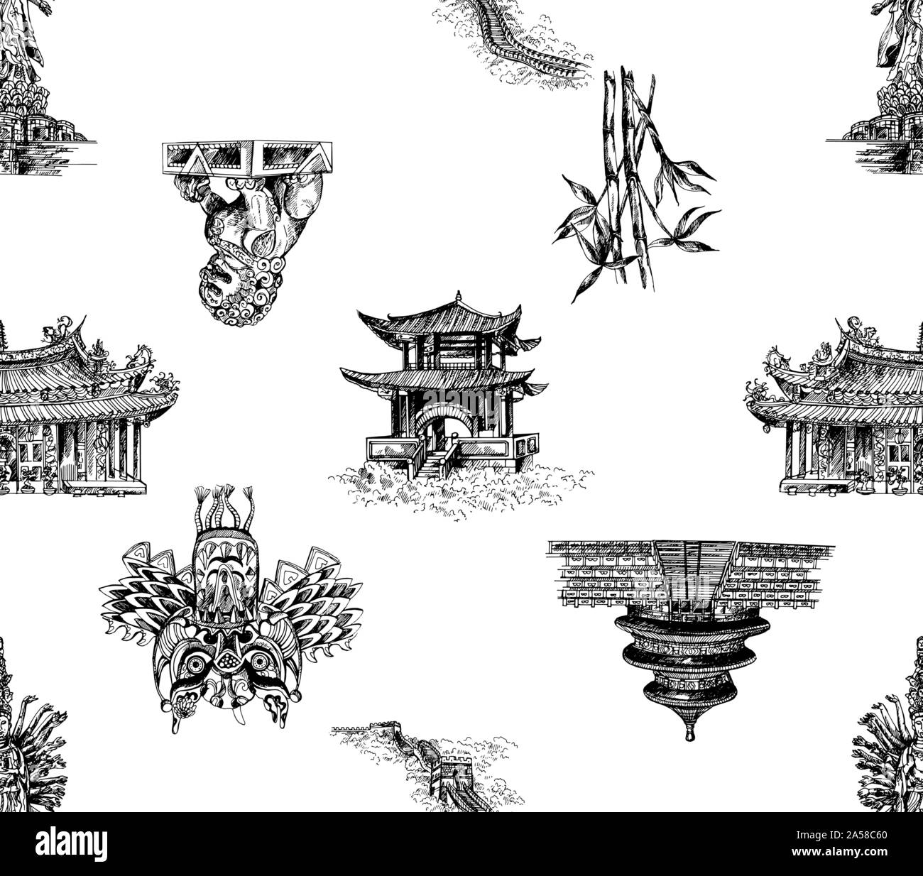 Seamless pattern of hand drawn sketch style China related objects isolated on white background. Vector illustration. Stock Vector