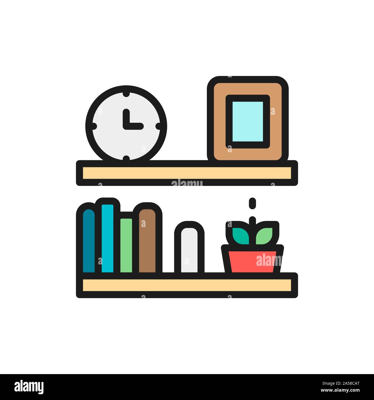 Office shelf, bookshelf flat color line icon. Stock Vector