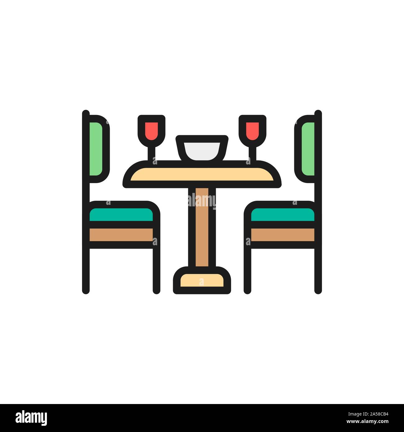 Kitchen table and chairs flat color line icon. Stock Vector
