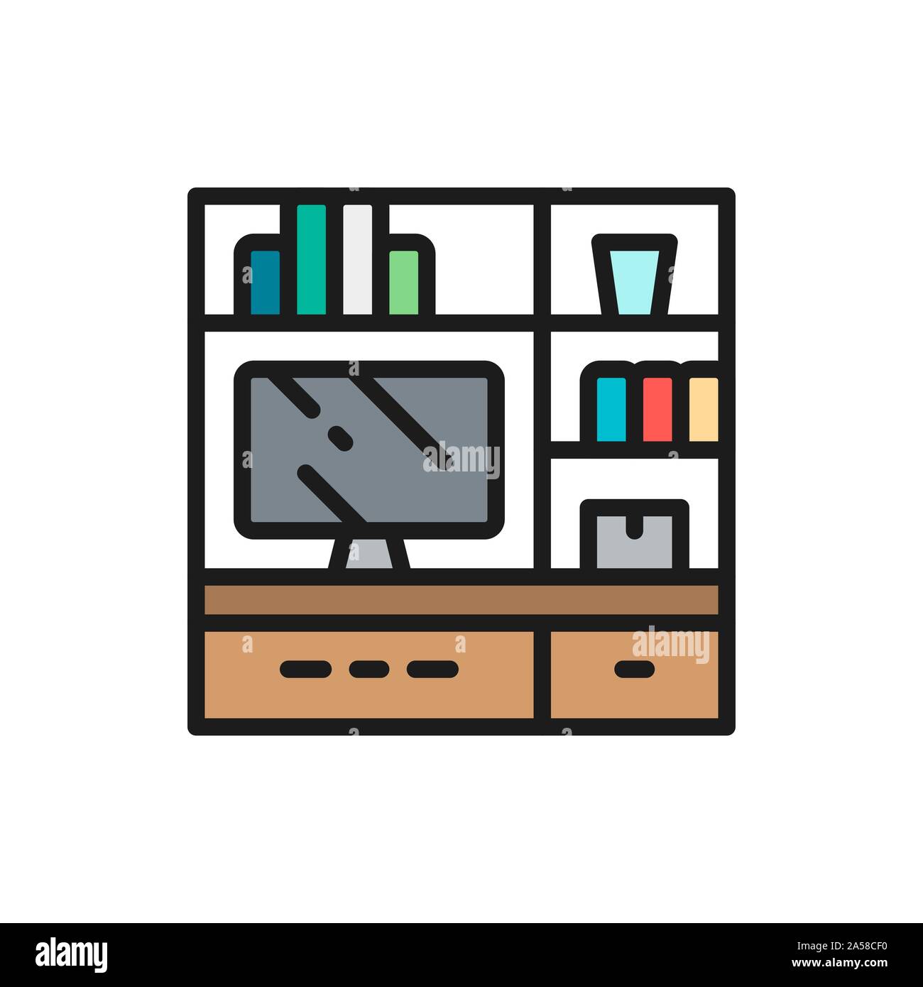 Television on stand flat color line icon. Stock Vector