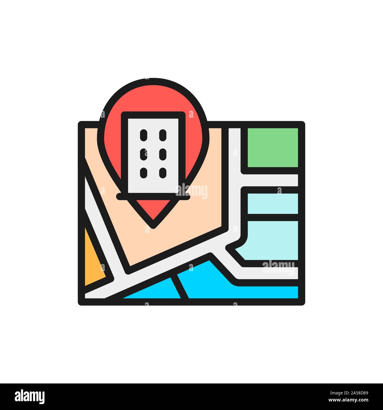Map with hotel pin mark flat color line icon. Stock Vector