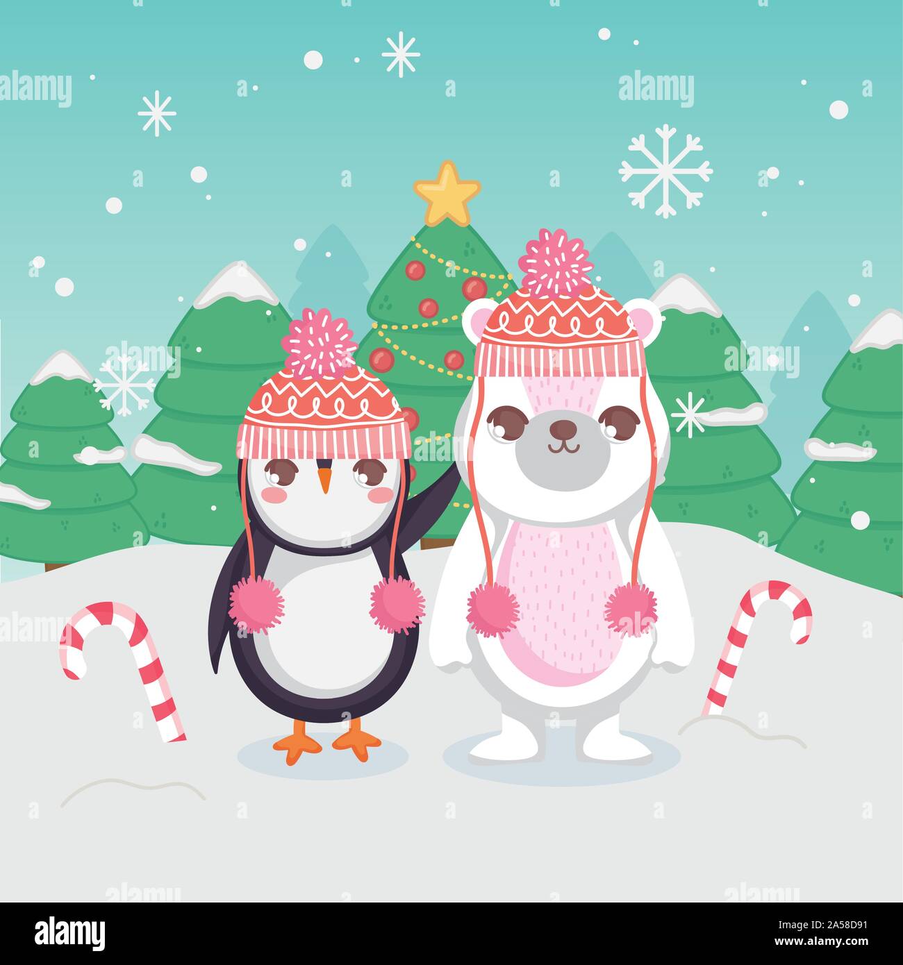 cute polar bear and penguin with candy cane trees merry christmas ...