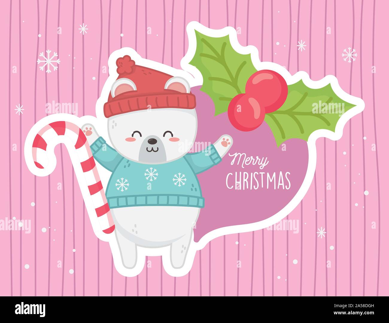 cute polar bear candy cane holly berry merry christmas vector ...