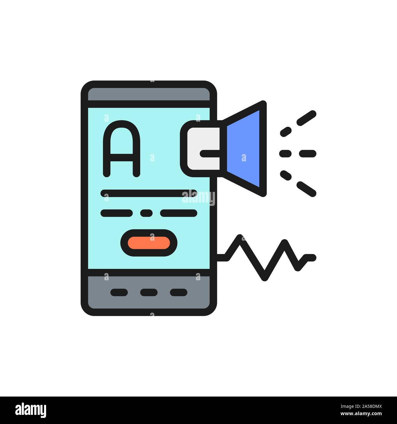 Mobile with megaphone, foreign language, promotion flat color line icon ...
