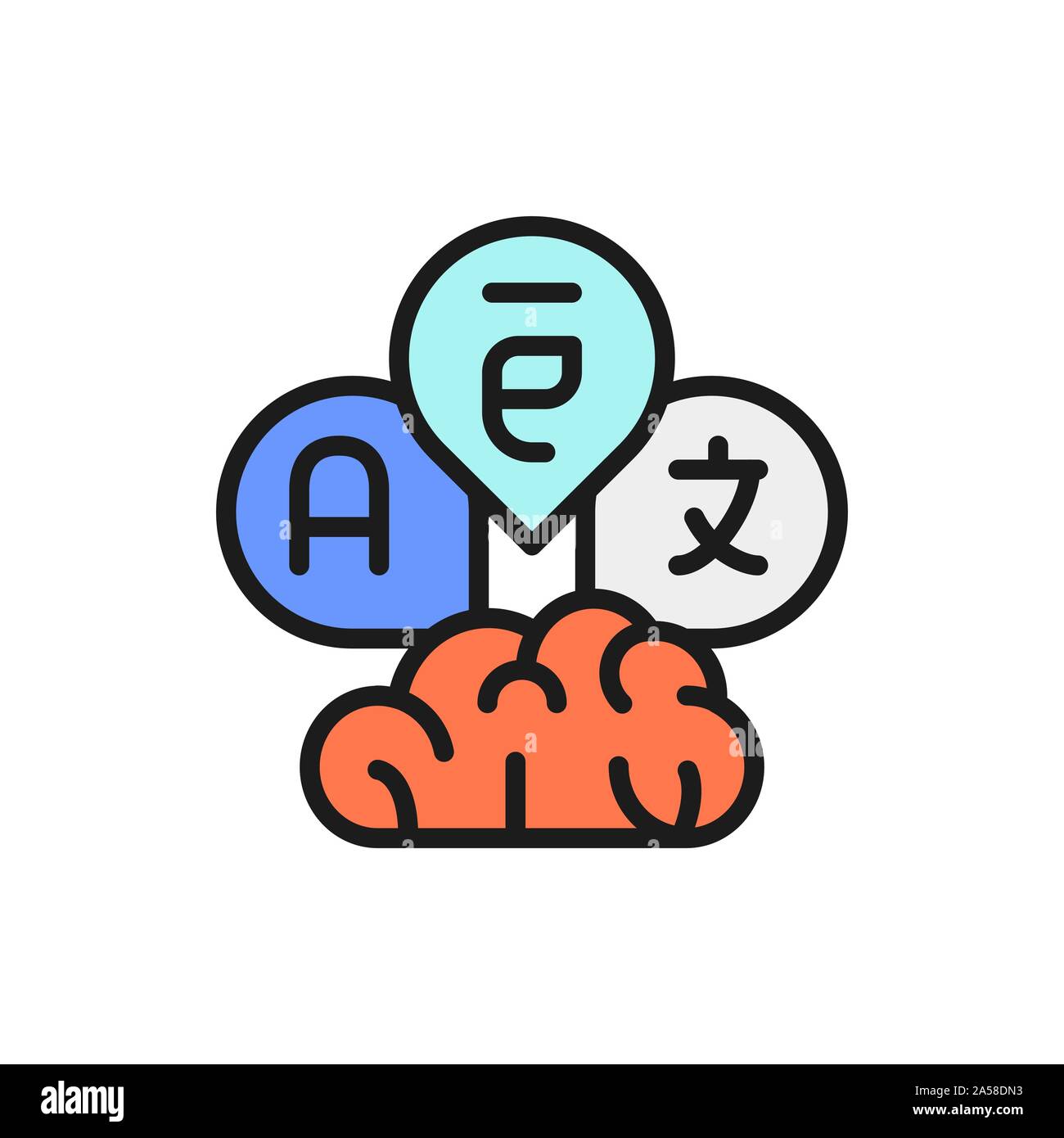 Brain with language bubbles, translation flat color line icon. Stock Vector