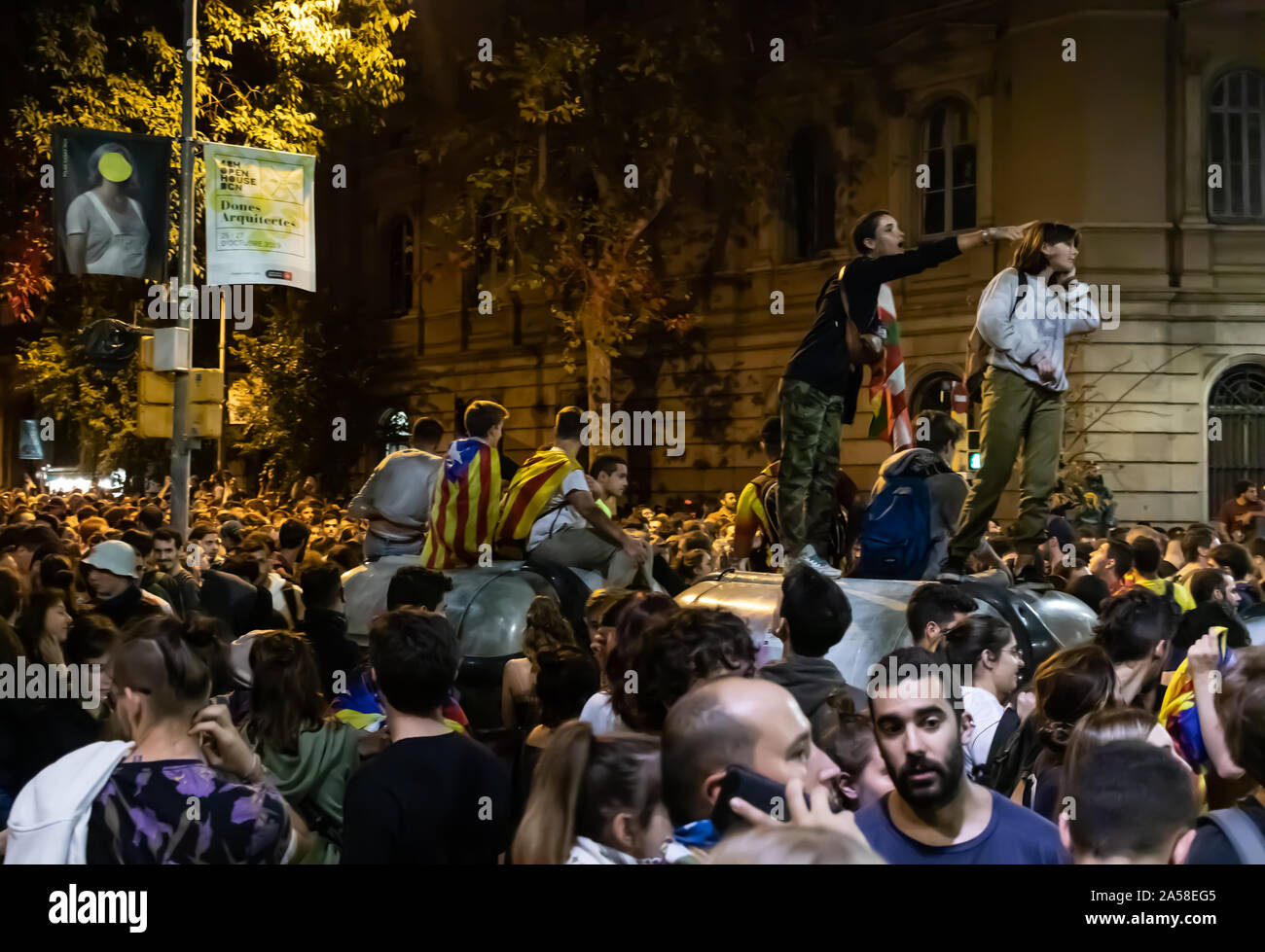 Barcelona, Spain - October 18th, 2019: Protests held during the general strike of Catalonia near Via Laietana. Rally named Marches for Freedom. Stock Photo
