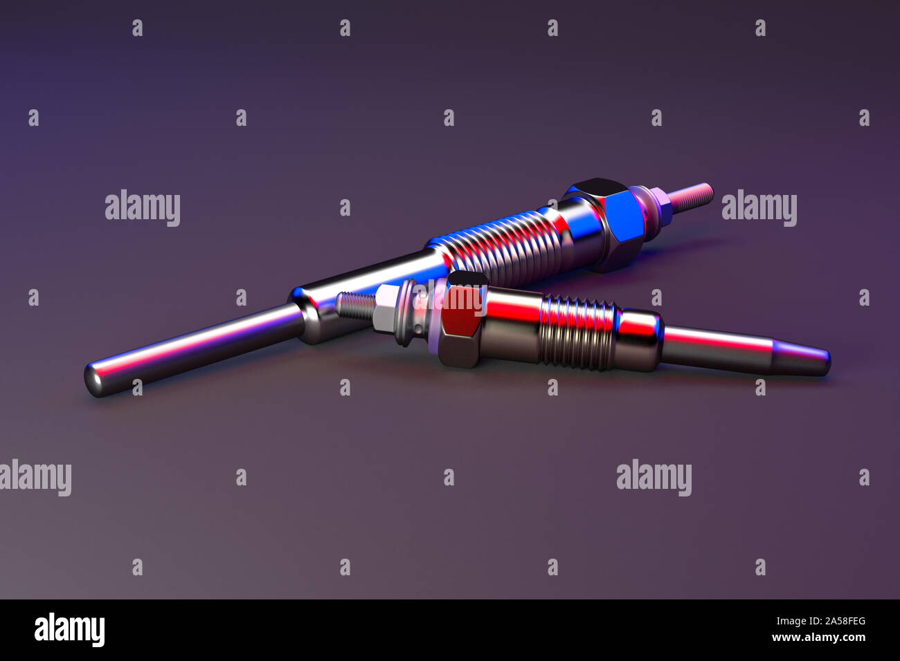 Two types of auto parts glow plug on a multicolored background. Spare part for the car engine. 3d rendering Stock Photo
