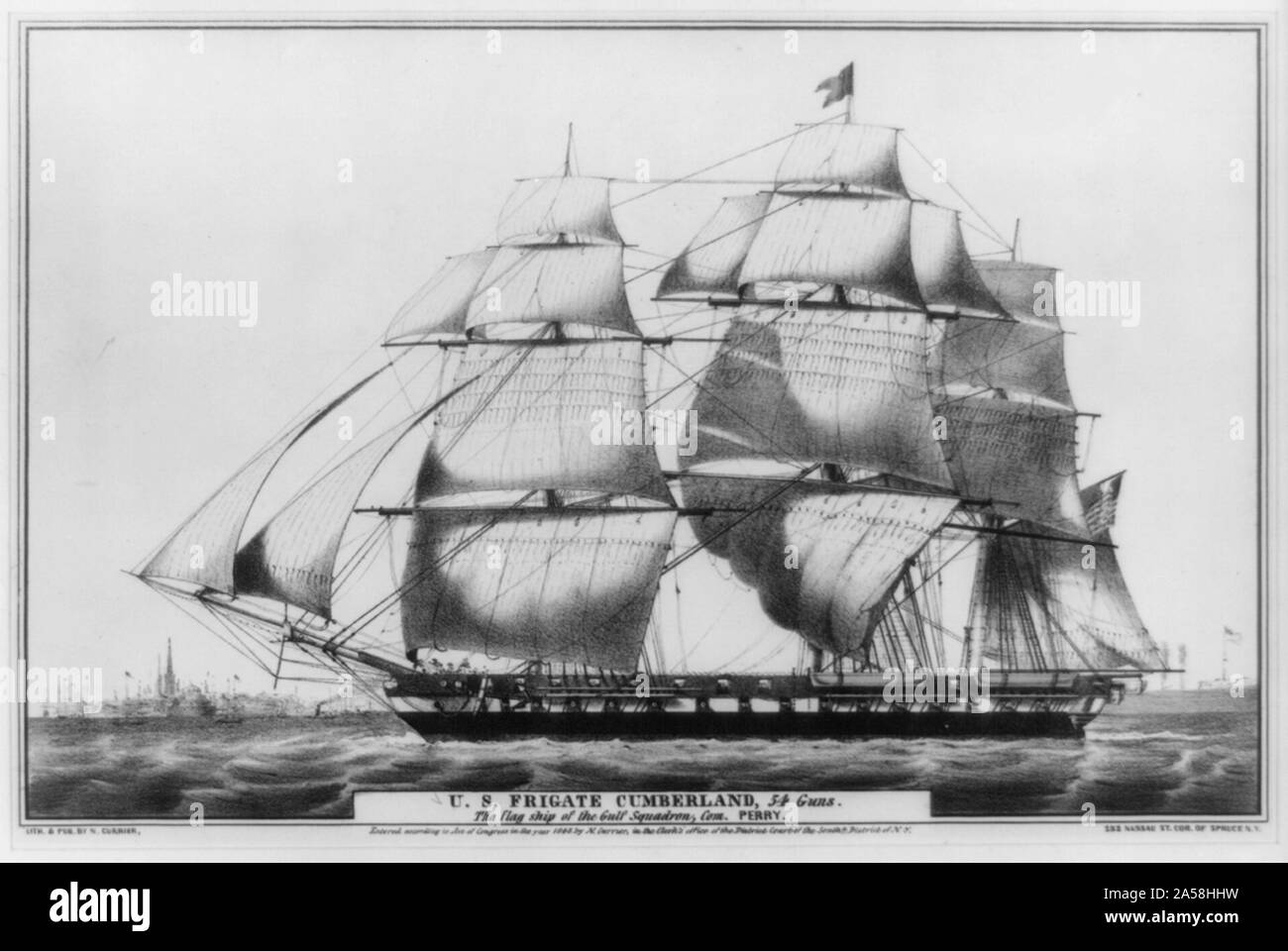 U.S. frigate Cumberland, 54 guns - the flag ship of the Gulf Squadron, Com. Perry Abstract: Print shows  the U.S. Frigate Cumberland port side view under full sail. The ship was eventually sunk in 1862, during the U.S. Civil War, when rammed in a battle with the recommissioned ironclad CSS Virginia, formerly the USS Merrimack. Stock Photo