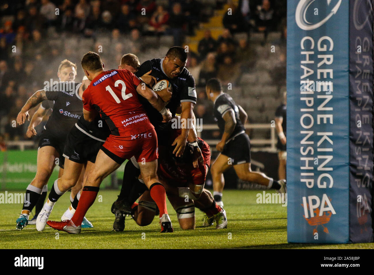 Newcastle, UK. 15th Sep, 2019. NEWCASTLE UPON TYNE, ENGLAND OCTOBER 18TH Rodney Ah You of Newcastle Falcons on the charge during the Greene King IPA Championship match between Newcastle Falcons and Hartpury College at Kingston Park, Newcastle on Friday 18th October 2019. (Credit: Chris Lishman | MI News) Editorial Use Only Credit: MI News & Sport /Alamy Live News Stock Photo