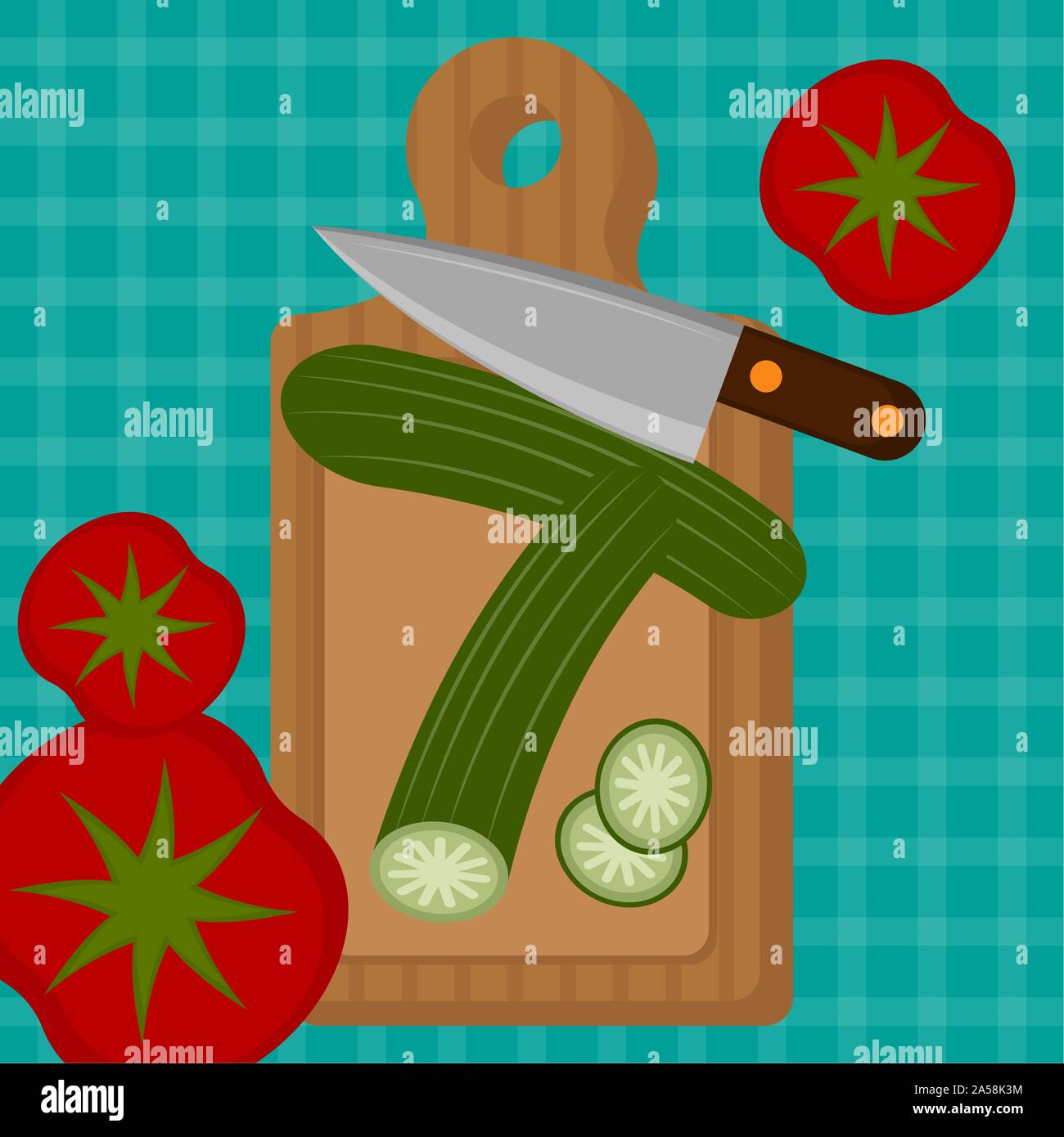 Tomatoes, cucumbers and a knife on a cutting board. Food preparation - Vector illustration Stock Vector