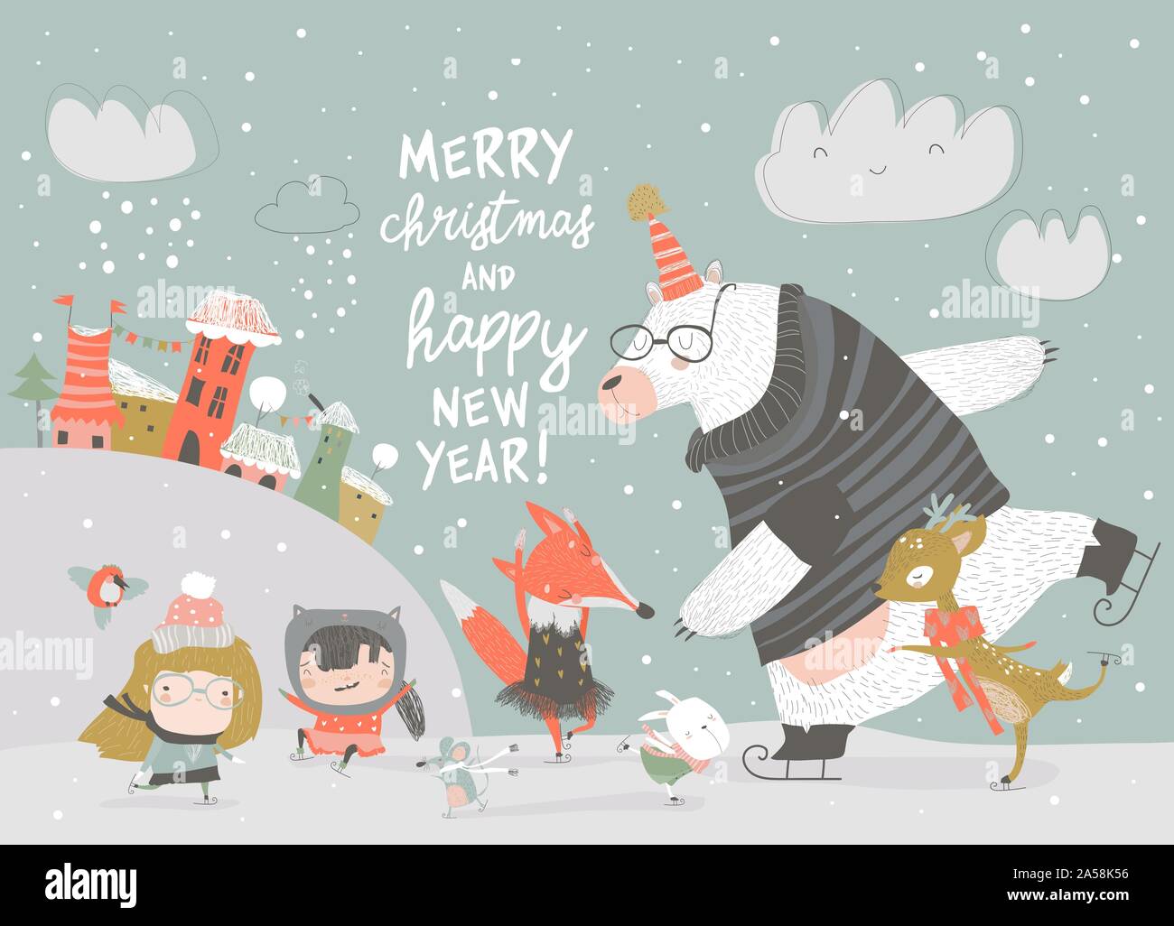Cute children skating with bear, deer and fox Stock Vector