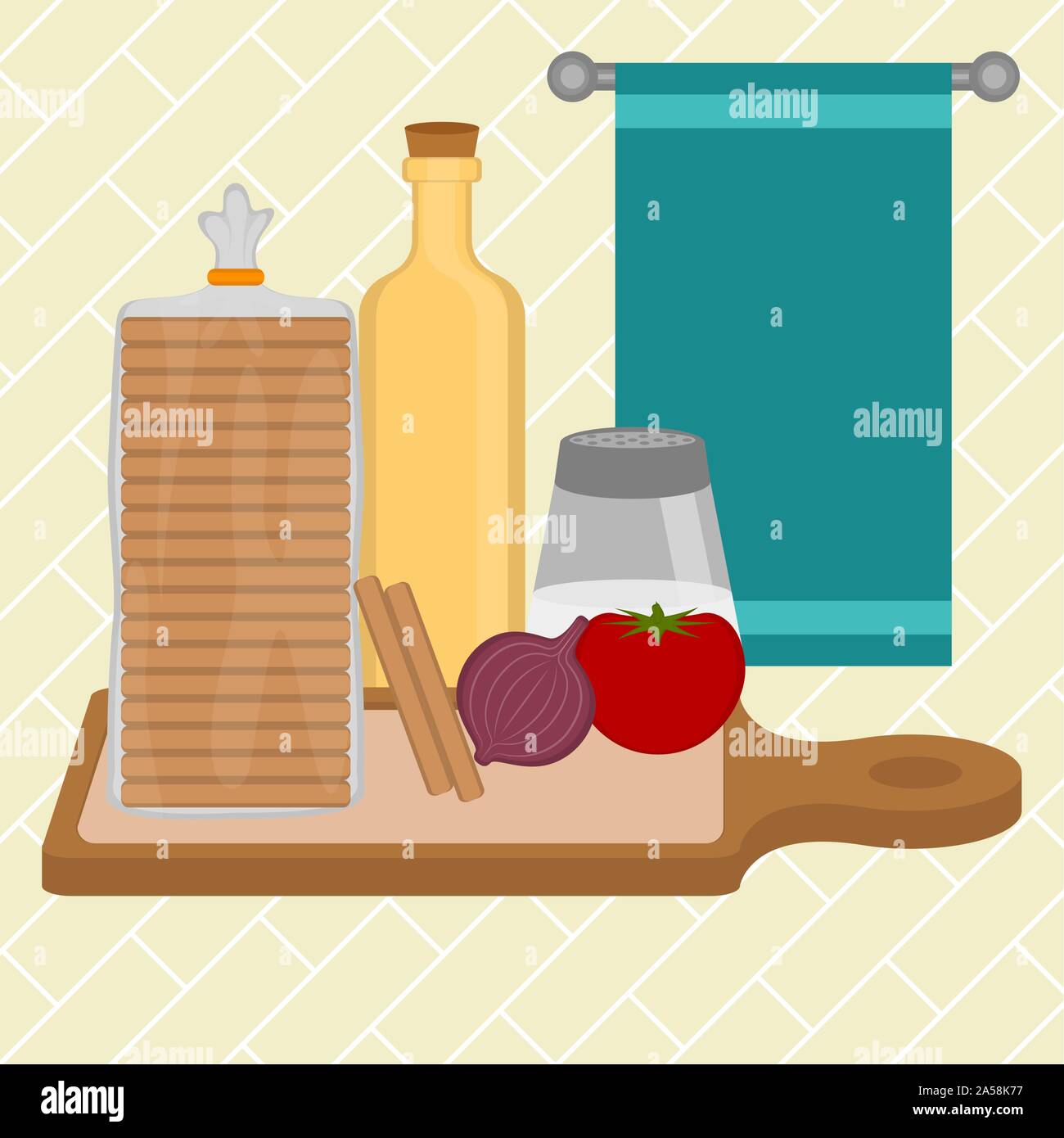 Halved bread with vegetable , oil, salt over a cutting board. Food preparation Vector