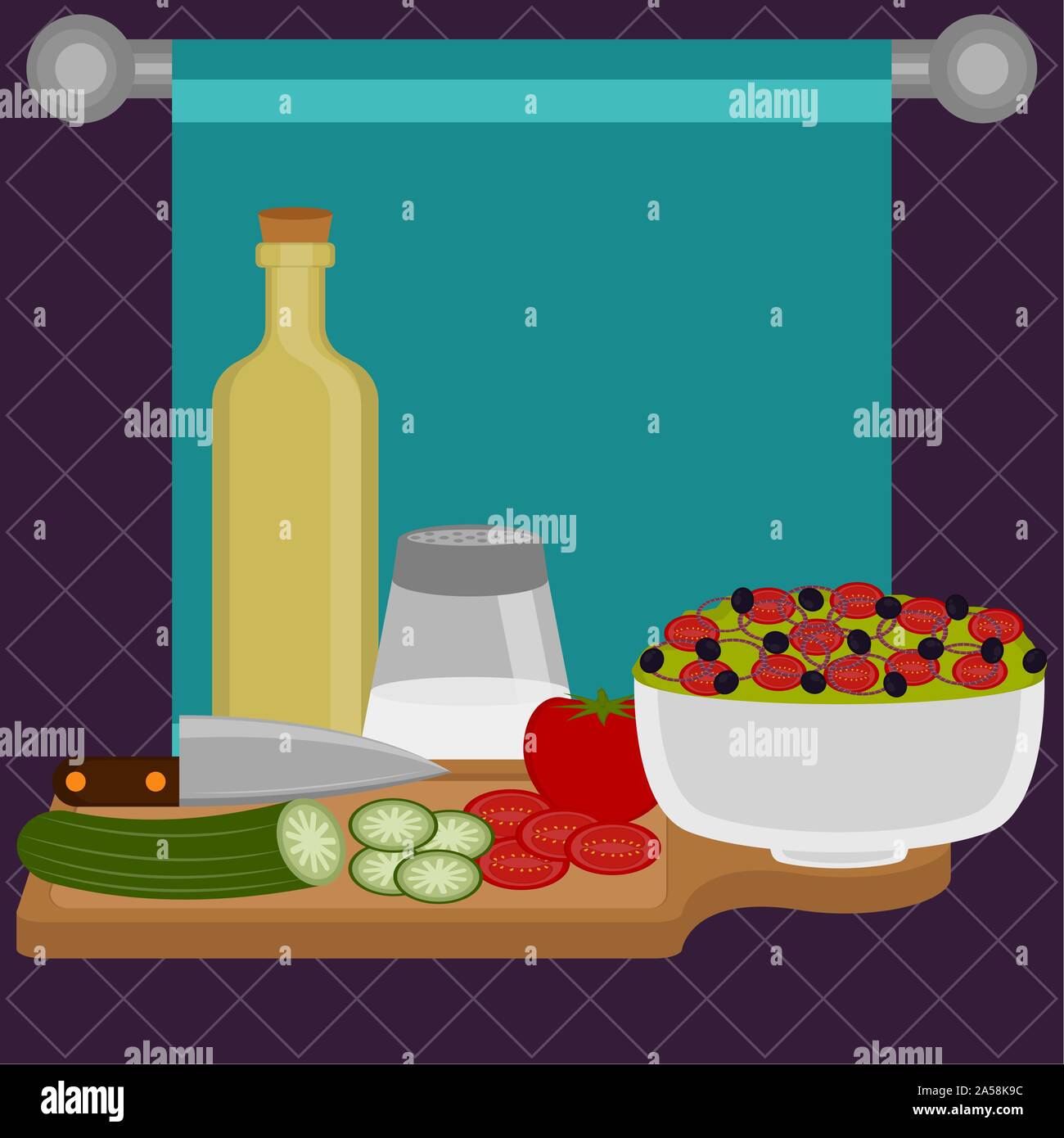Vegetables cut on a cuttien board with a saldad in a bowl. Food preparation - Vector illustration Stock Vector