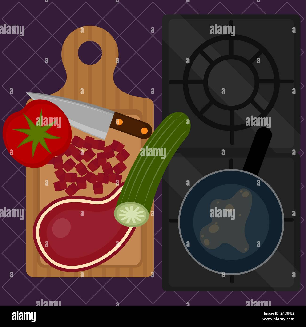 Meat steak with vegrtables on a cutting board. Food preparation - Vector illustration Stock Vector