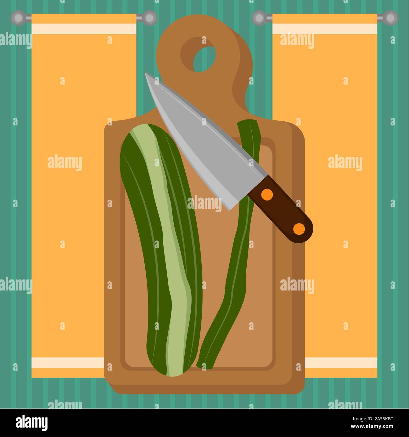 Cucumber cut with a knife on a cutting board. Food preparation - Vector illustration Stock Vector